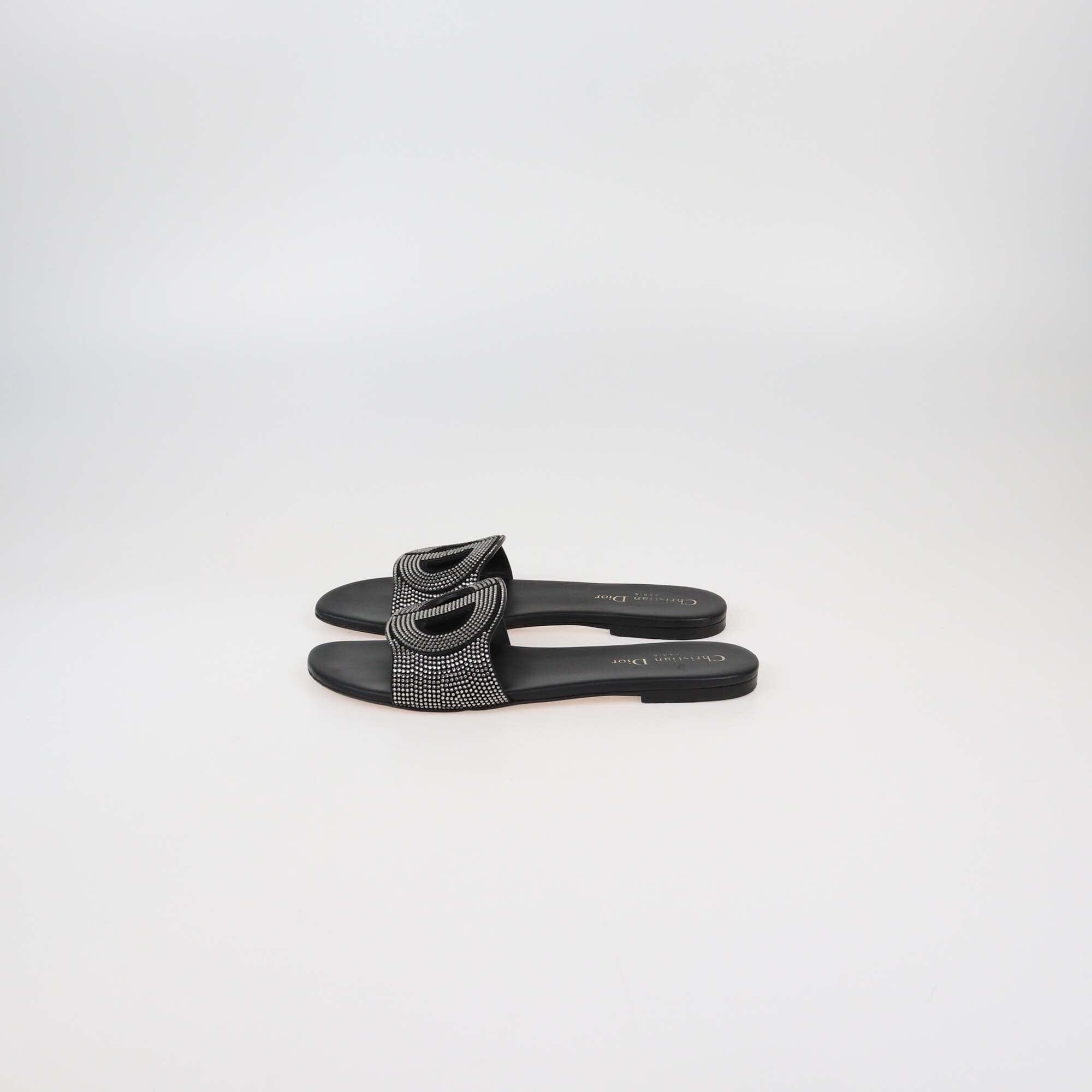 Christian Dior Black Crystal Embellished D-Way Flat Slides Womens Christian Dior 