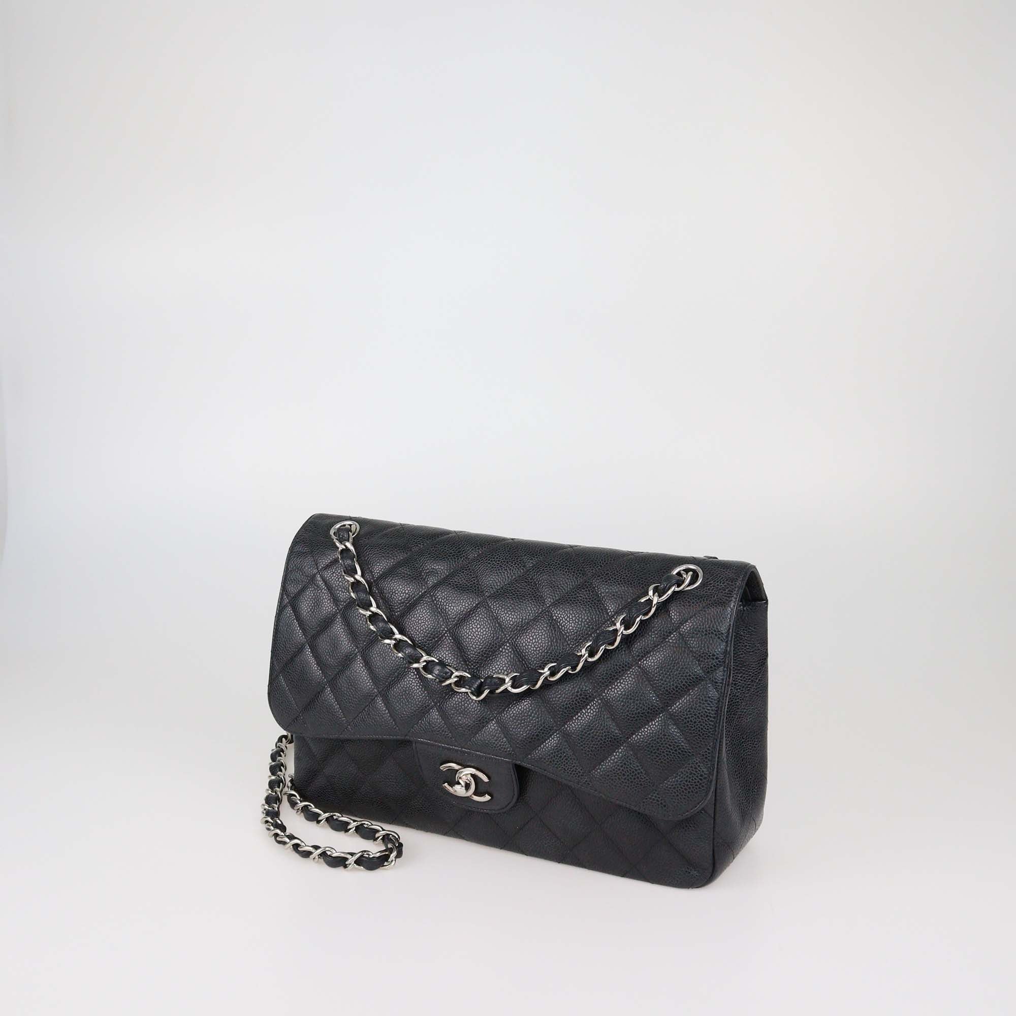 Chanel Black Quilted Caviar Leather Jumbo Classic Double Flap Bag