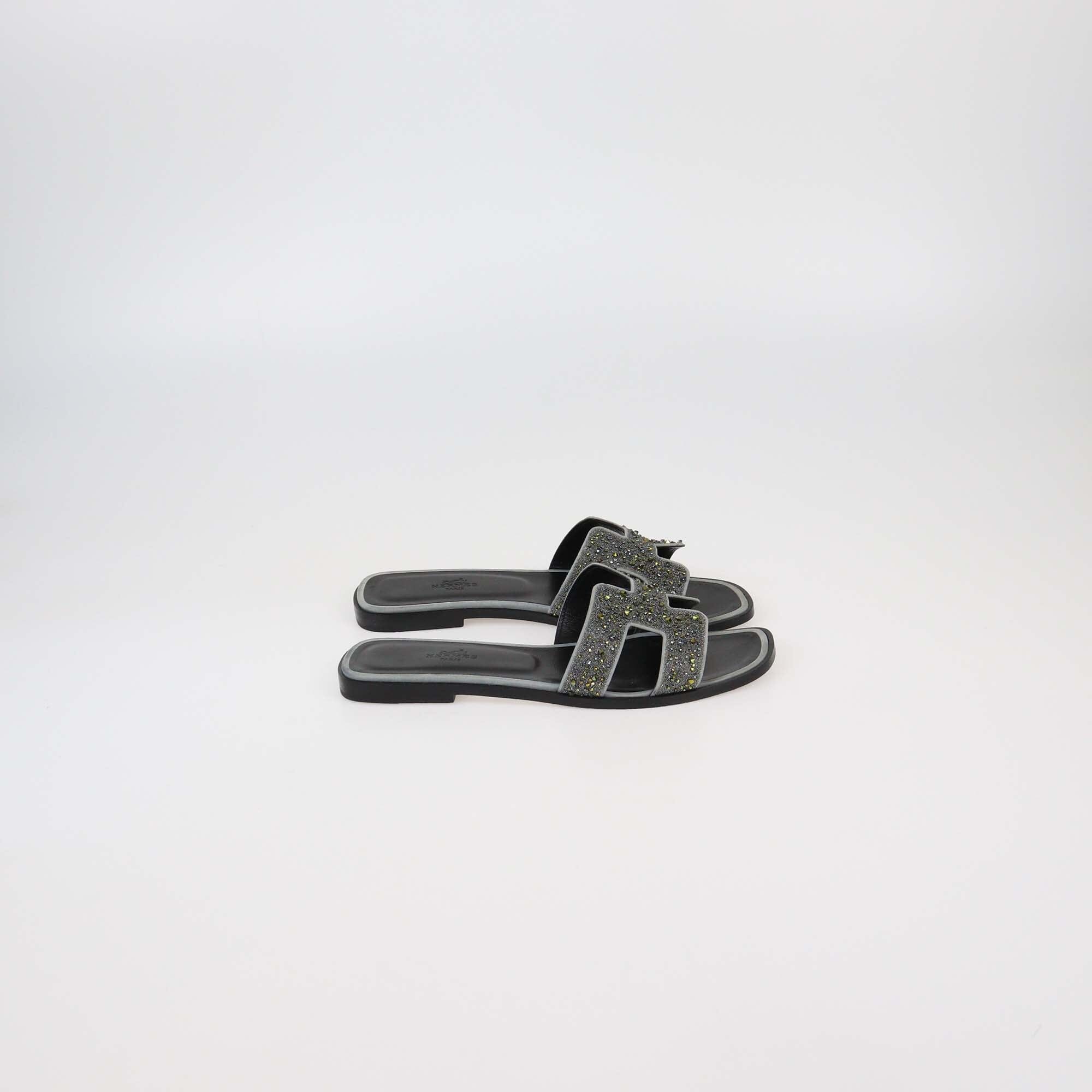 Hermes Black/Grey Oran Rhinestone Embellished Flat Sandals Womens Hermes 