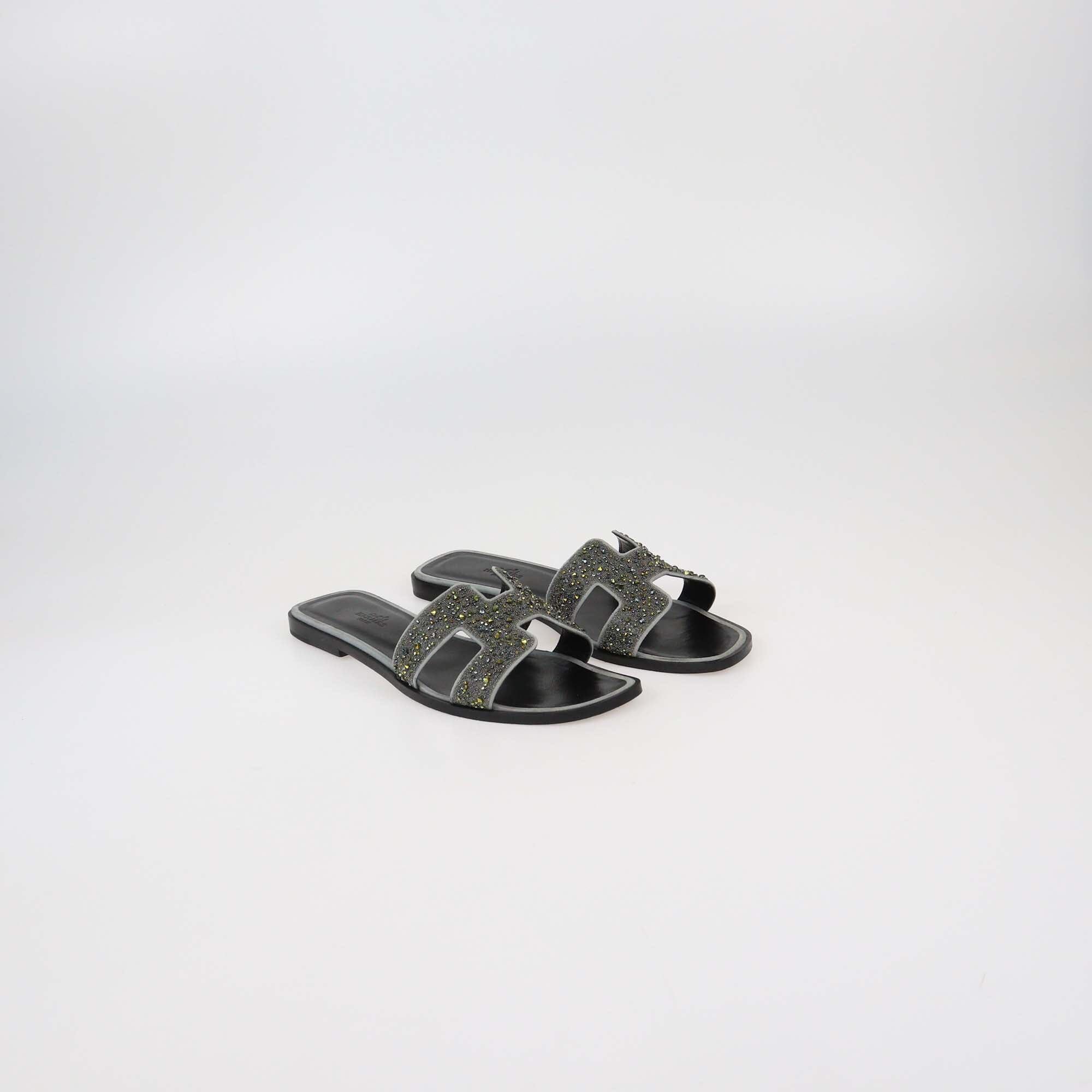 Hermes Black/Grey Oran Rhinestone Embellished Flat Sandals Womens Hermes 
