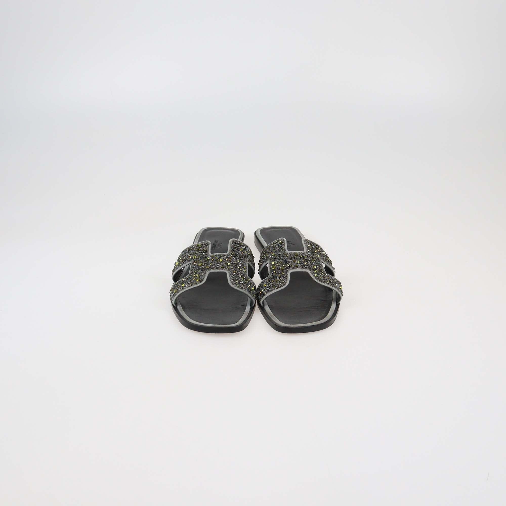 Hermes Black/Grey Oran Rhinestone Embellished Flat Sandals Womens Hermes 