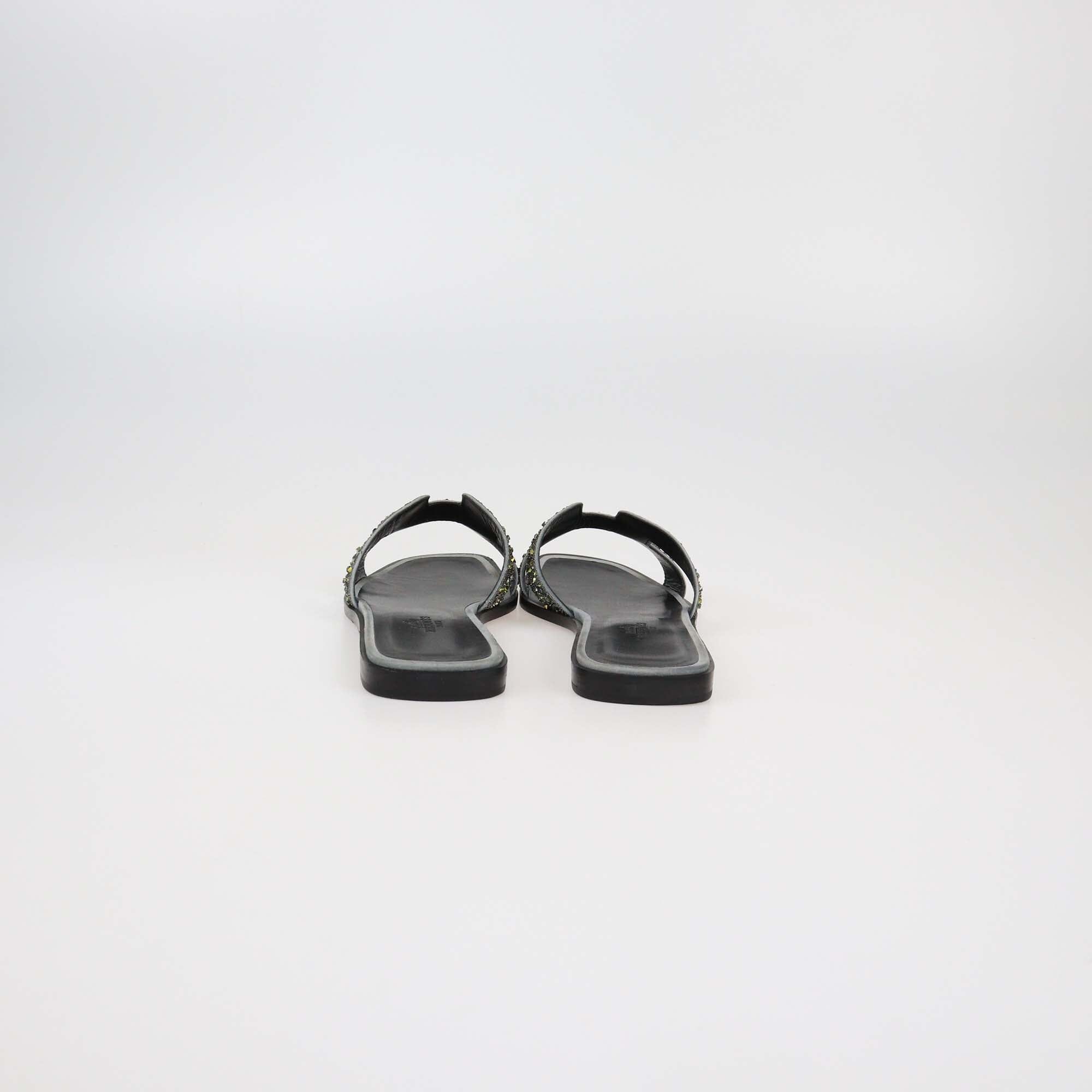 Hermes Black/Grey Oran Rhinestone Embellished Flat Sandals Womens Hermes 