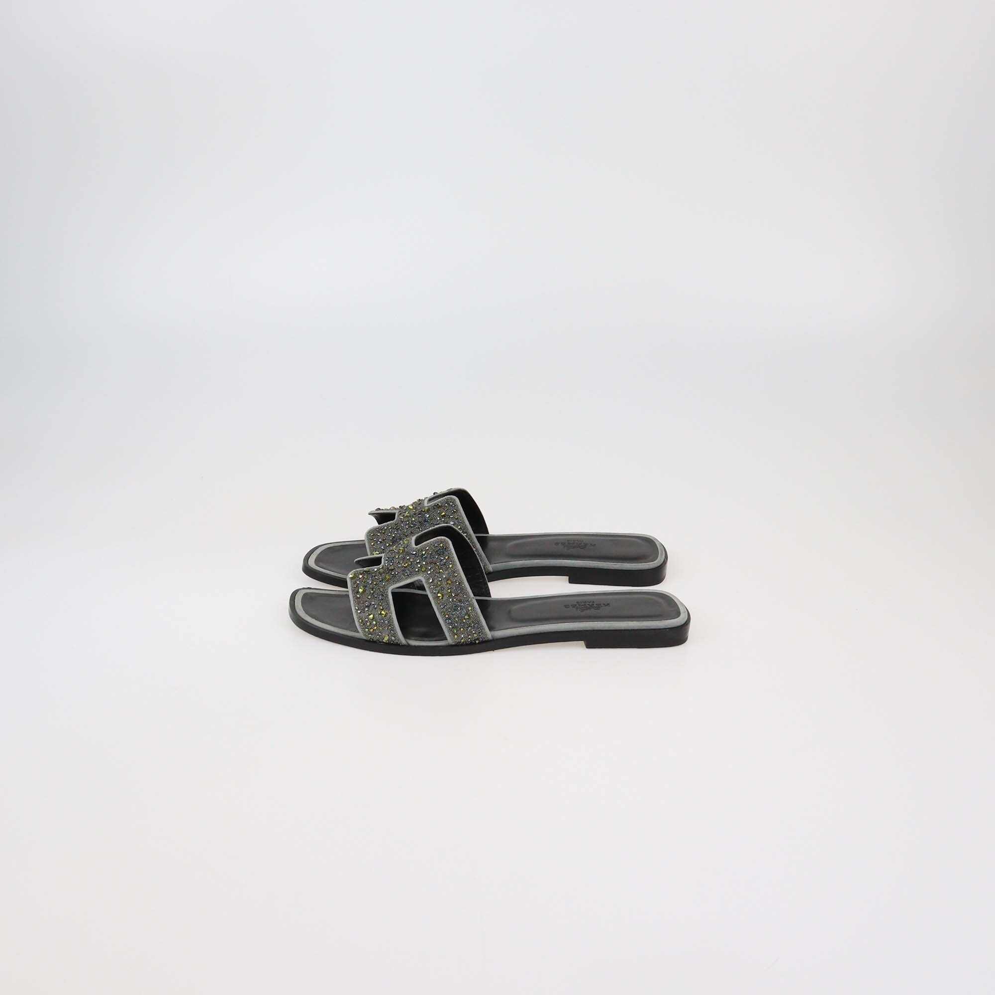 Hermes Black/Grey Oran Rhinestone Embellished Flat Sandals Womens Hermes 