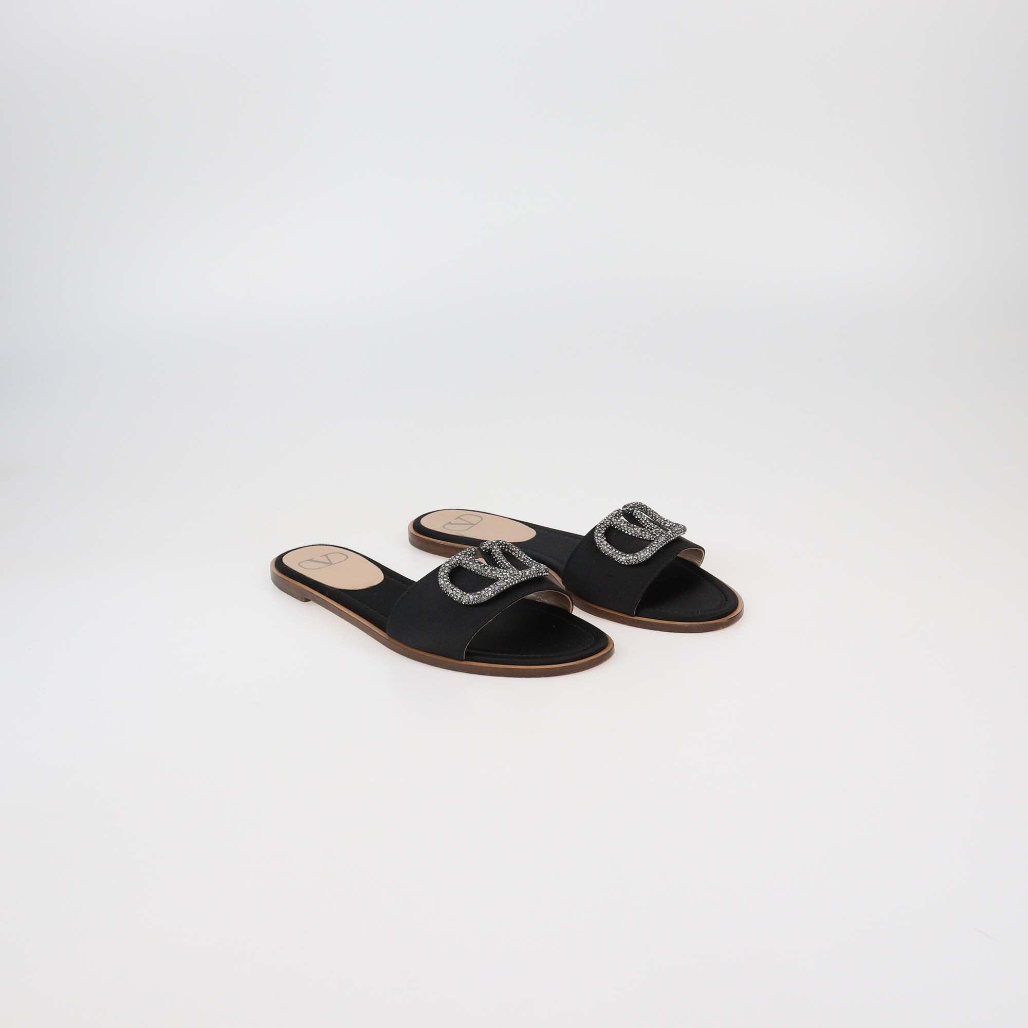 Valentino Black Satin VLogo Glow Flat Slides Womens Valentino 