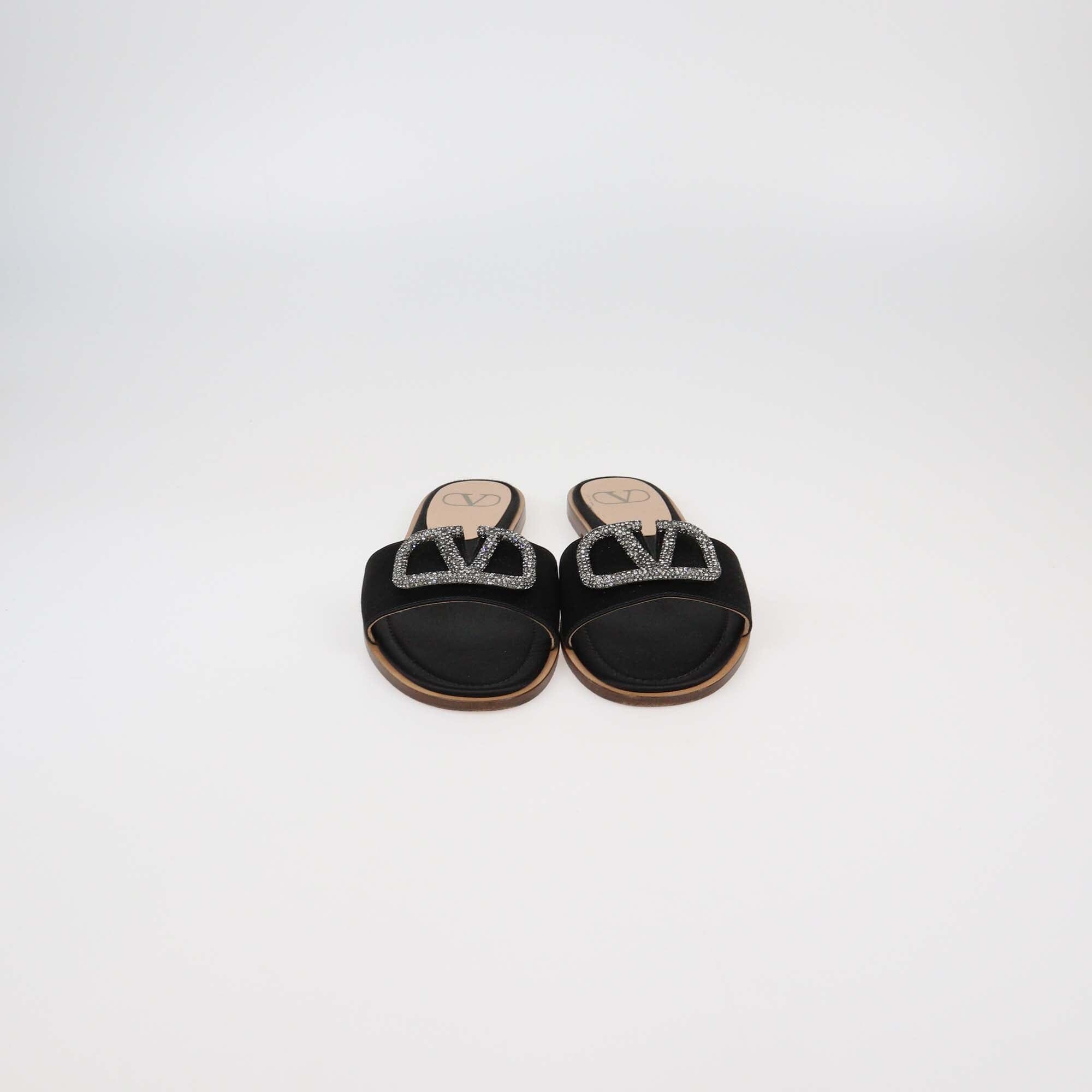 Valentino Black Satin VLogo Glow Flat Slides Womens Valentino 