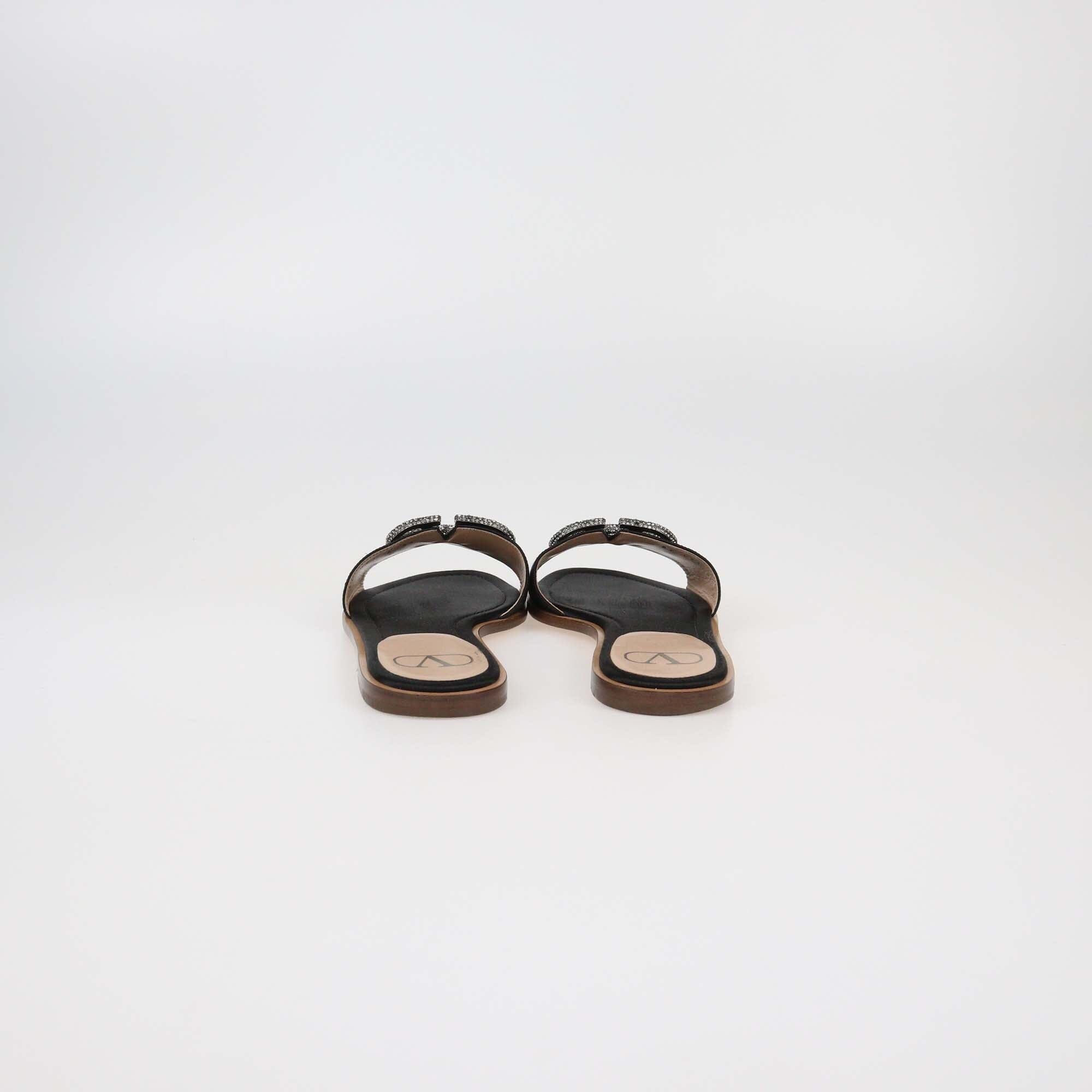 Valentino Black Satin VLogo Glow Flat Slides Womens Valentino 