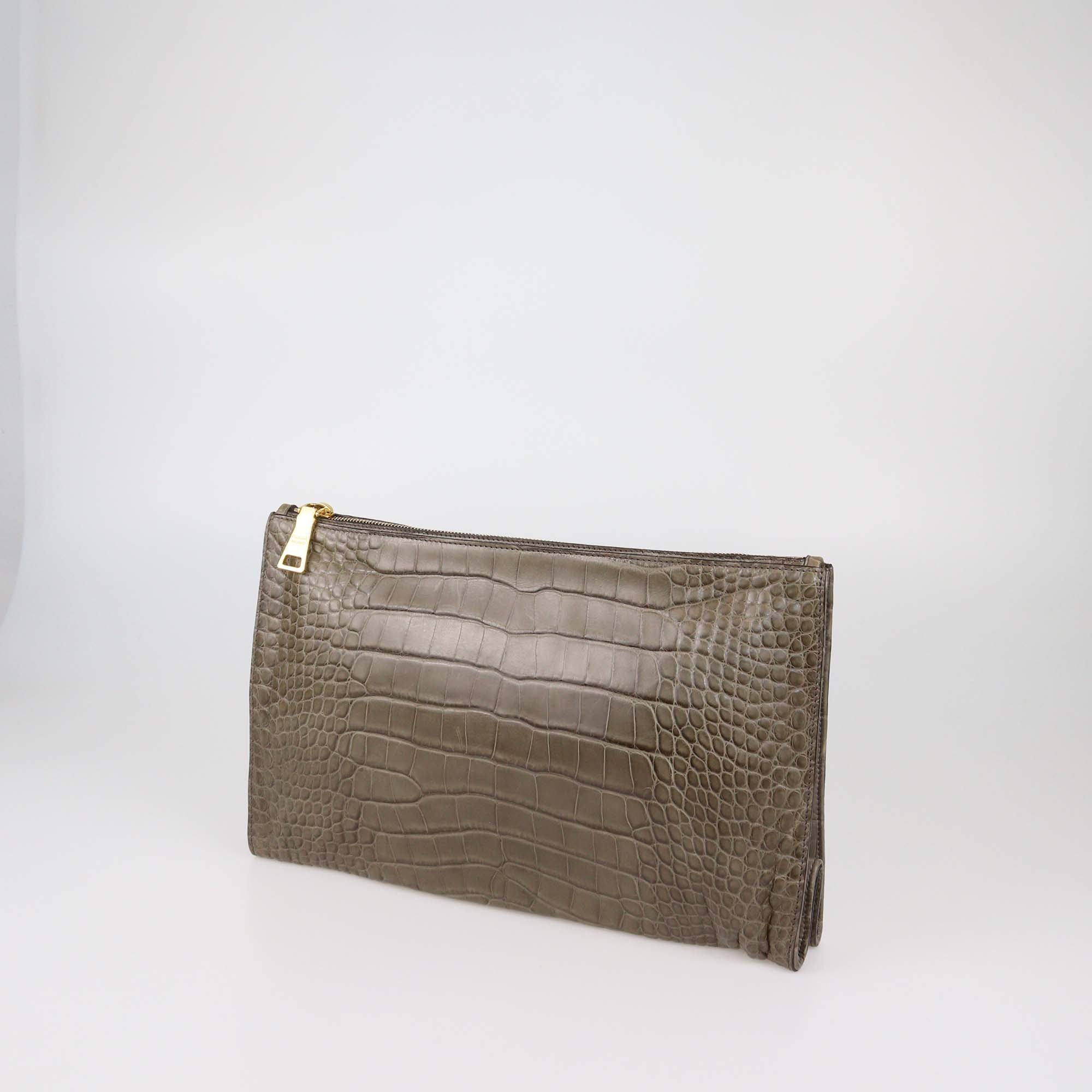 Prada Olive Green Alligator Zip Pouch