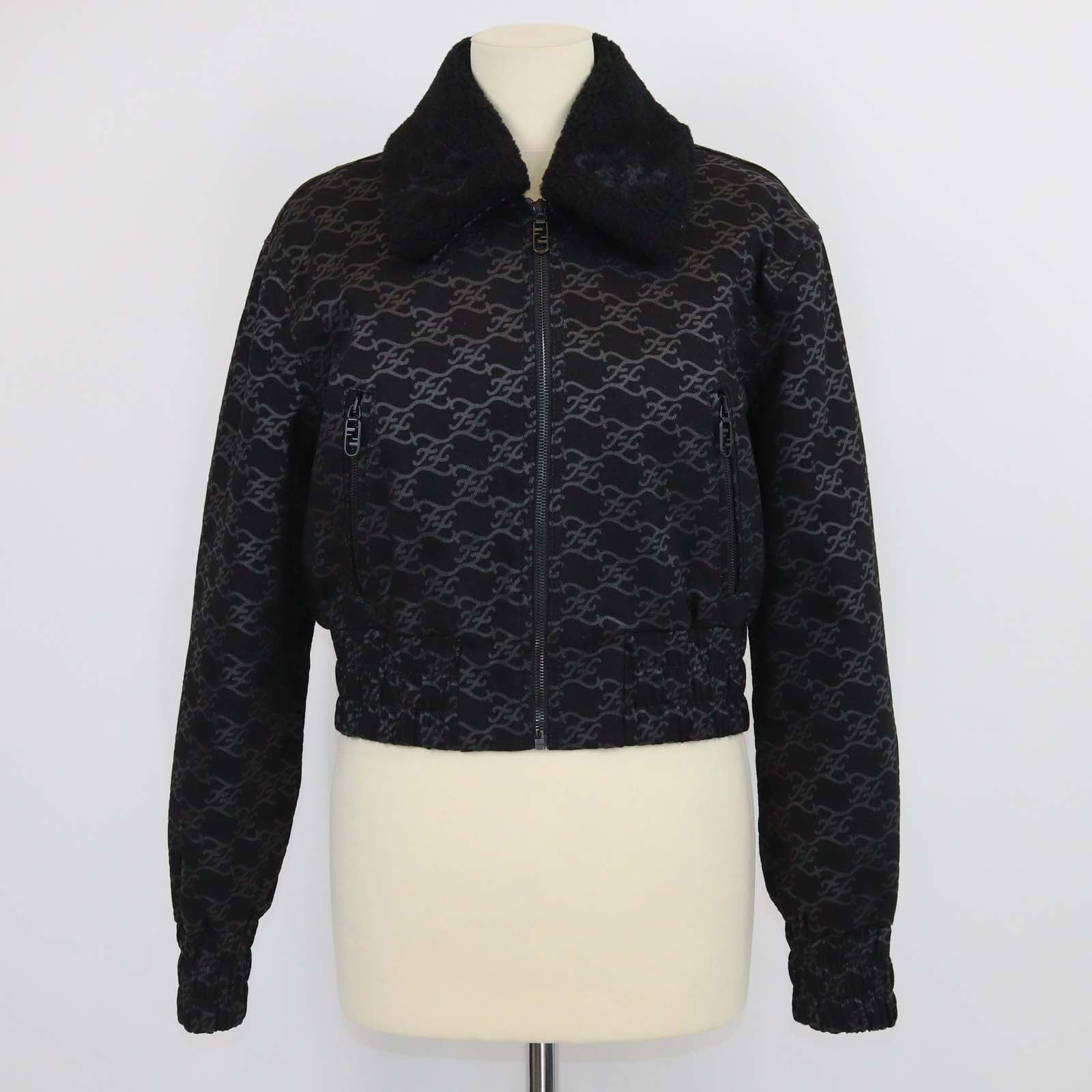 Fendi Black FF Denim Print & Detachable Shearling Collar Zip Jacket