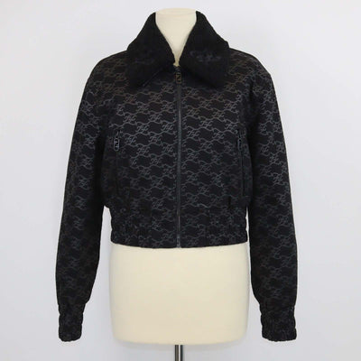 Fendi Black FF Denim Print & Detachable Shearling Collar Zip Jacket
