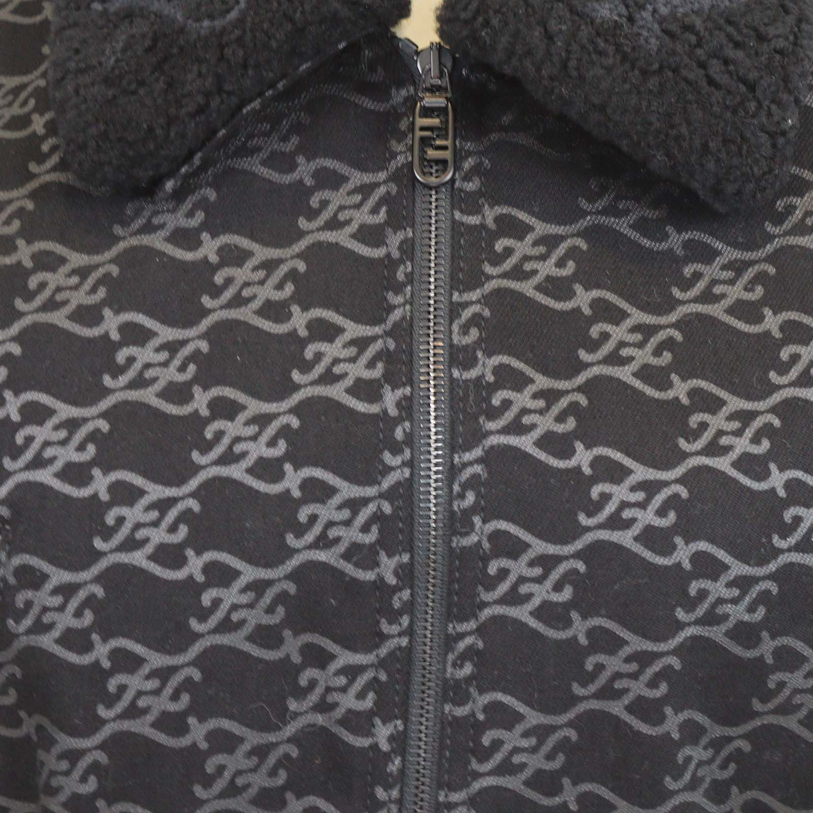 Fendi Black FF Denim Print & Detachable Shearling Collar Zip Jacket