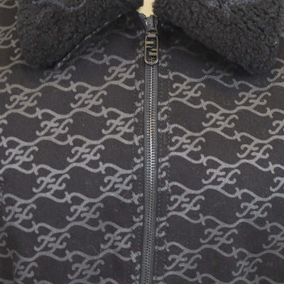 Fendi Black FF Denim Print & Detachable Shearling Collar Zip Jacket