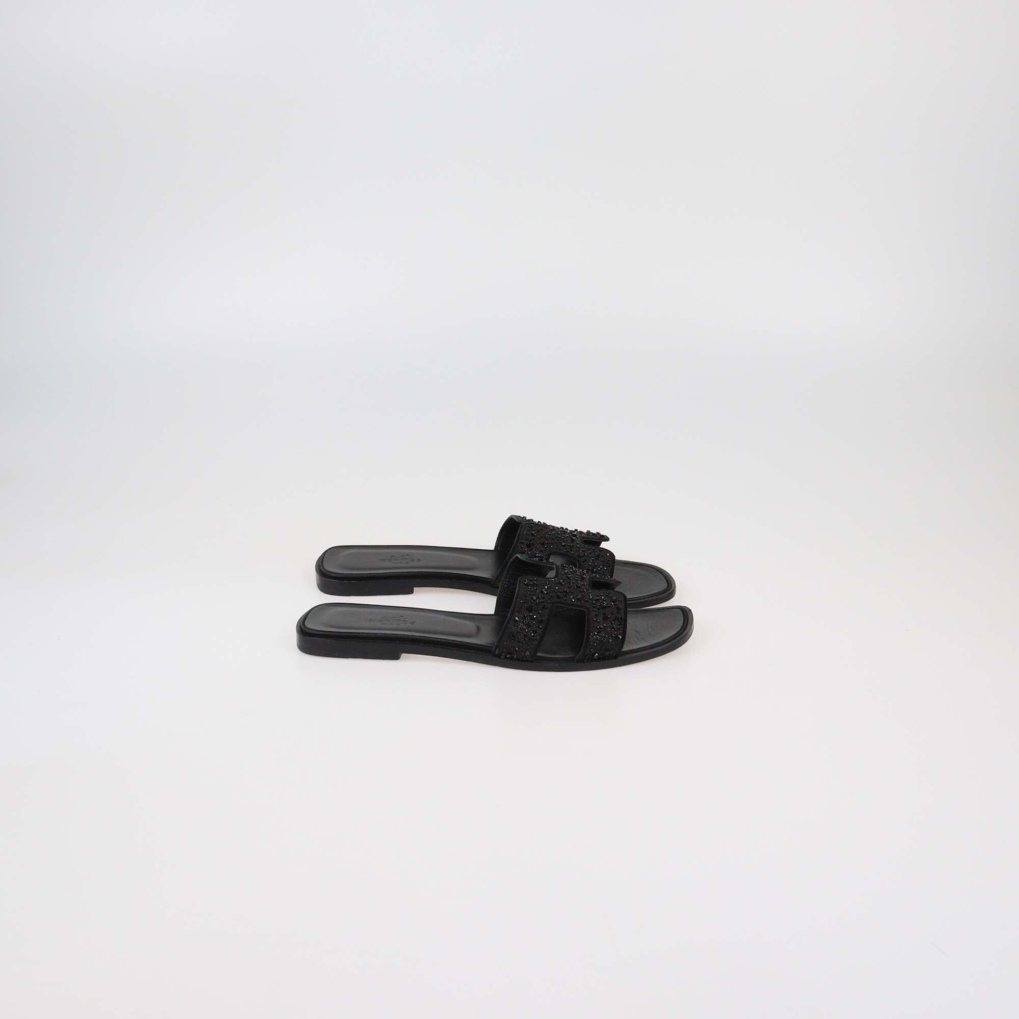 Hermes Black Oran Rhinestone Embellished Flat Sandals Womens Hermes 