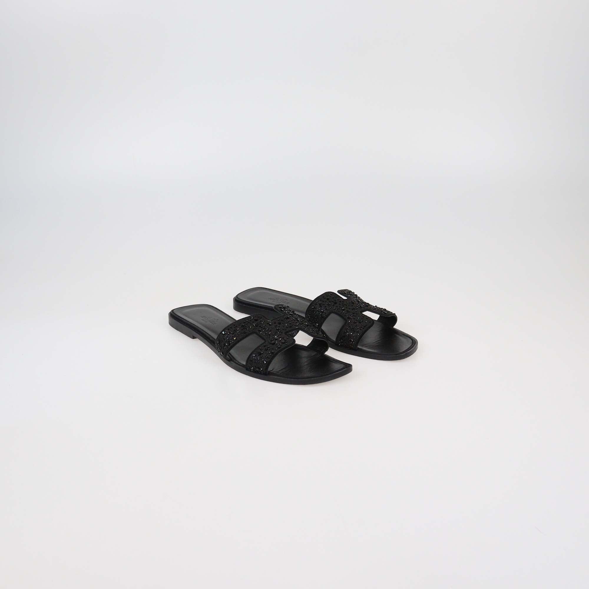 Hermes Black Oran Rhinestone Embellished Flat Sandals Womens Hermes 