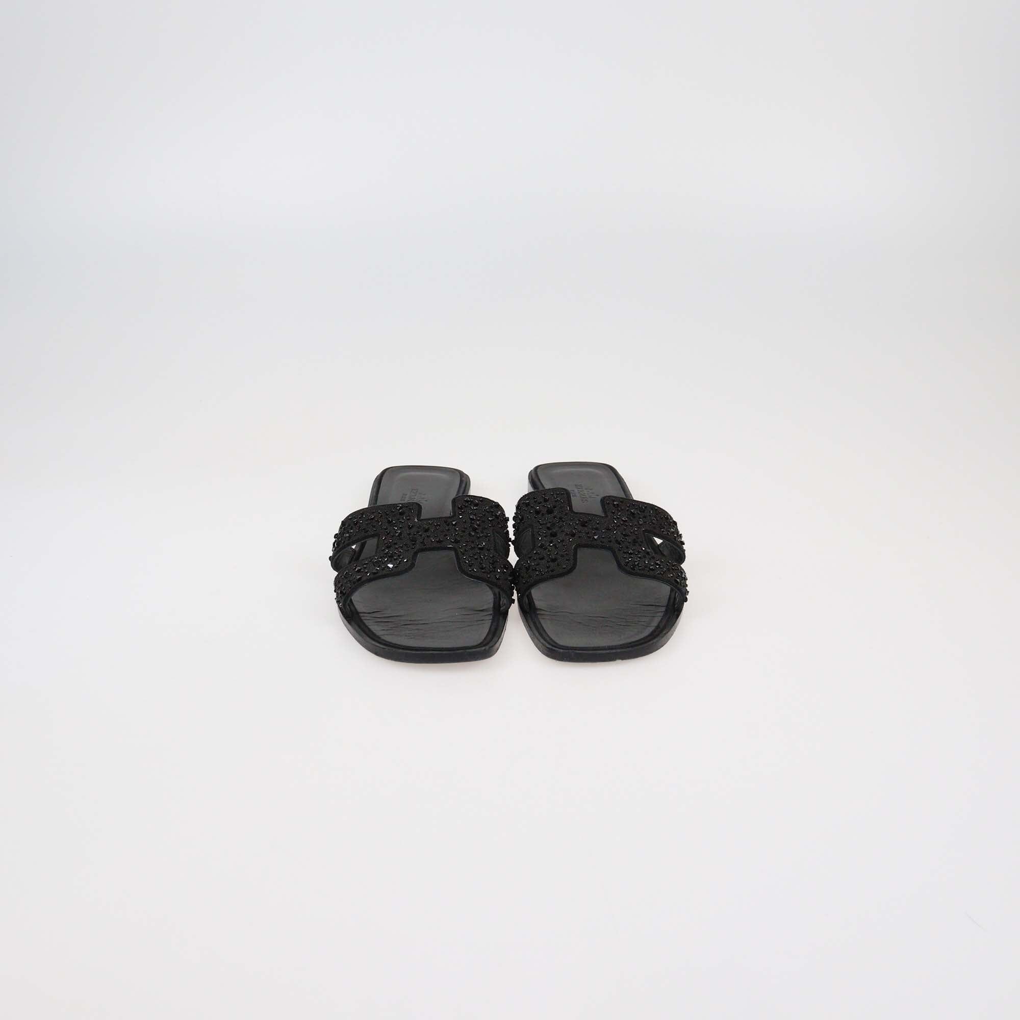 Hermes Black Oran Rhinestone Embellished Flat Sandals Womens Hermes 