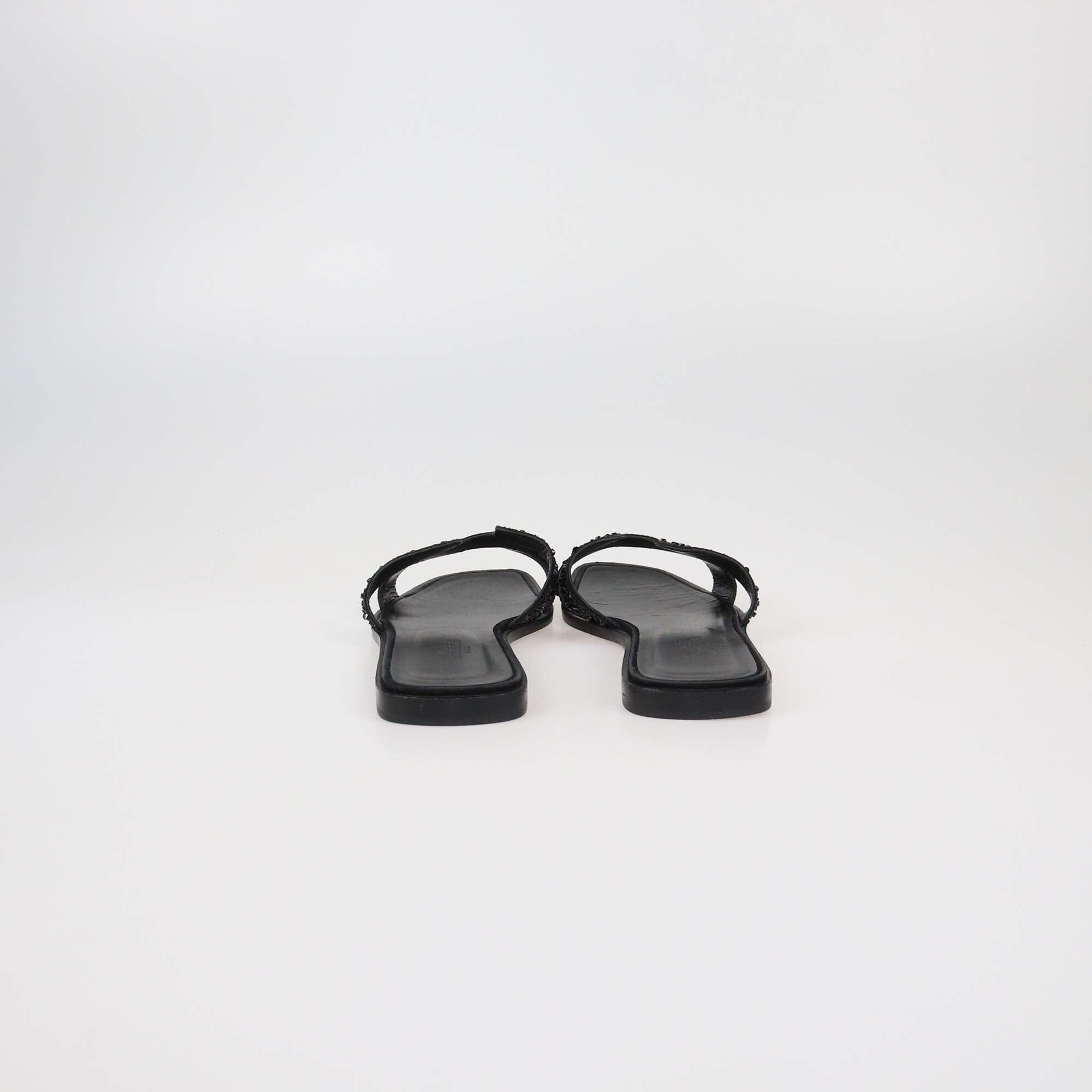 Hermes Black Oran Rhinestone Embellished Flat Sandals Womens Hermes 