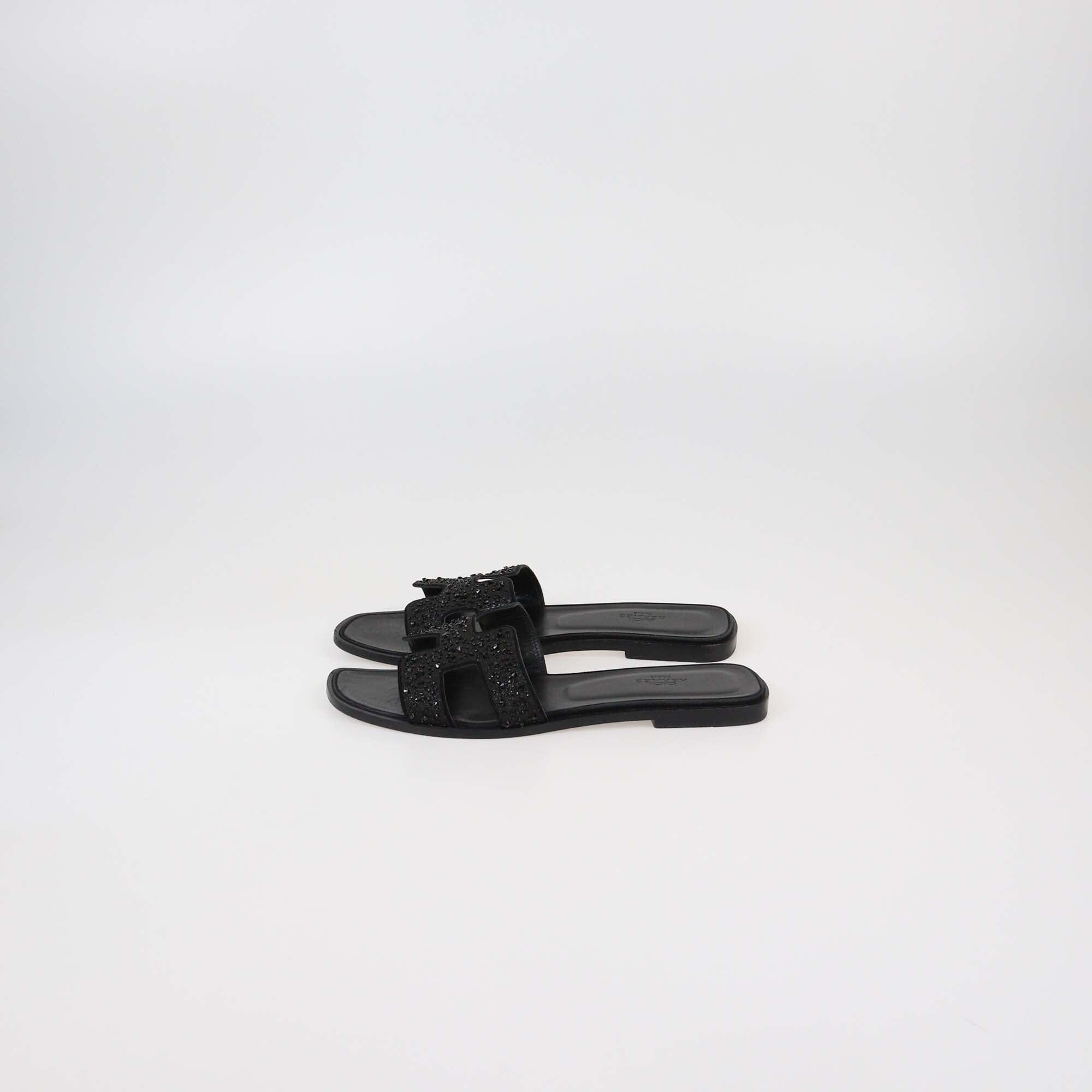 Hermes Black Oran Rhinestone Embellished Flat Sandals Womens Hermes 