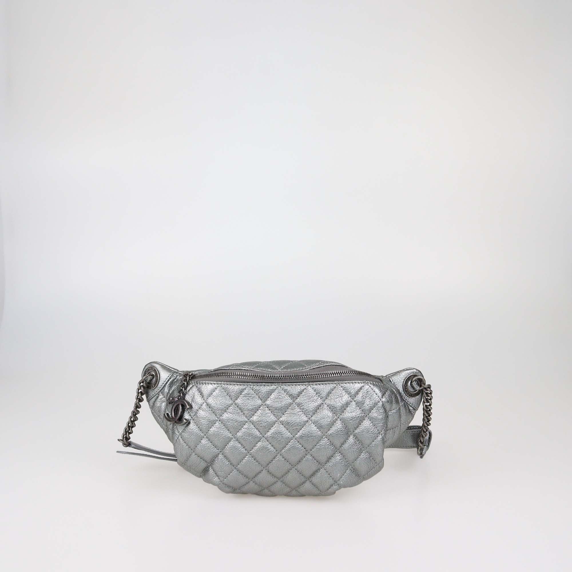 Chanel Metallic Grey Quilted Leather Banane Waist Bag