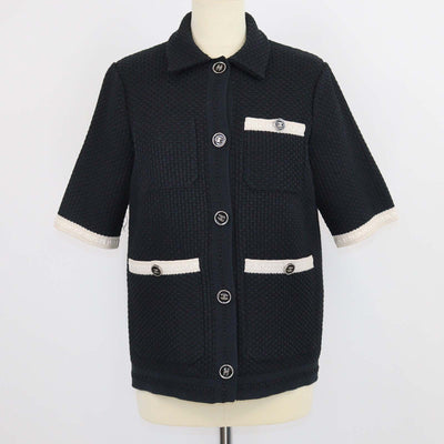 Chanel Black/Beige Blend Cotton Knitted Short Sleeve Cardigan