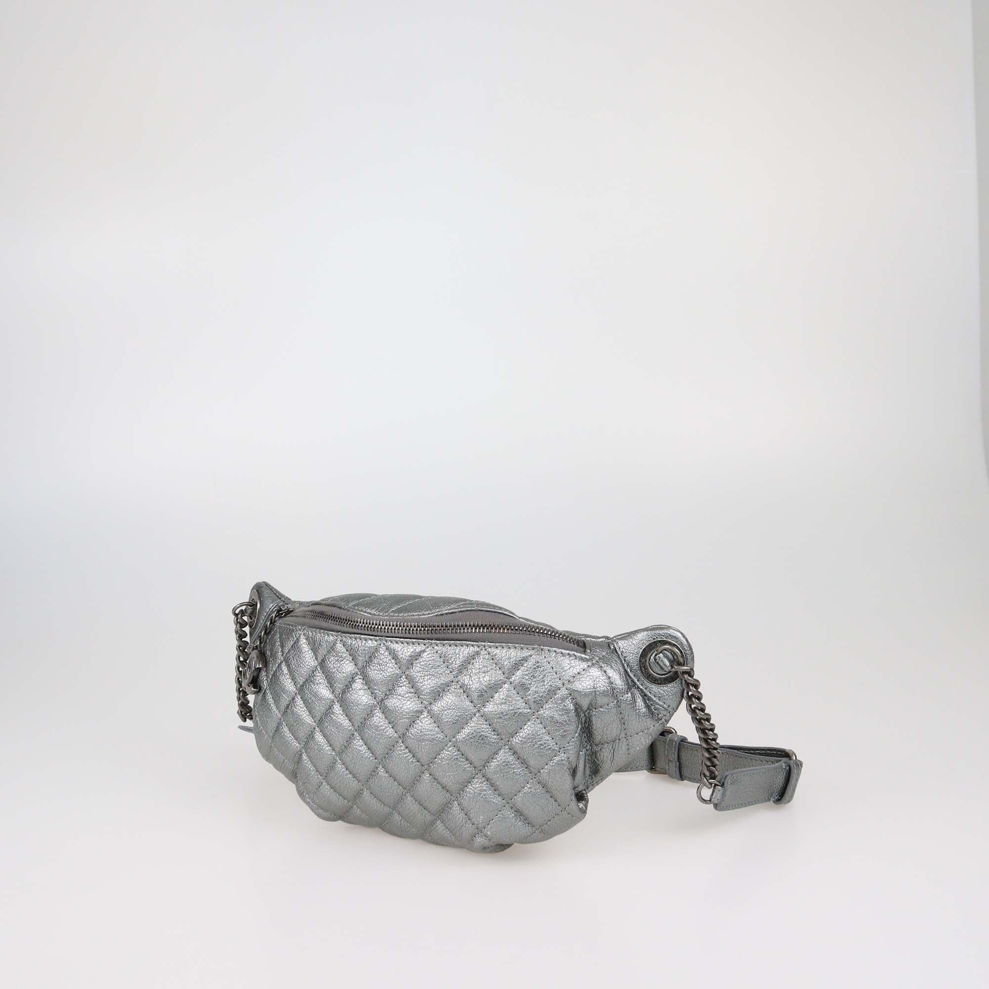 Chanel Metallic Grey Quilted Leather Banane Waist Bag