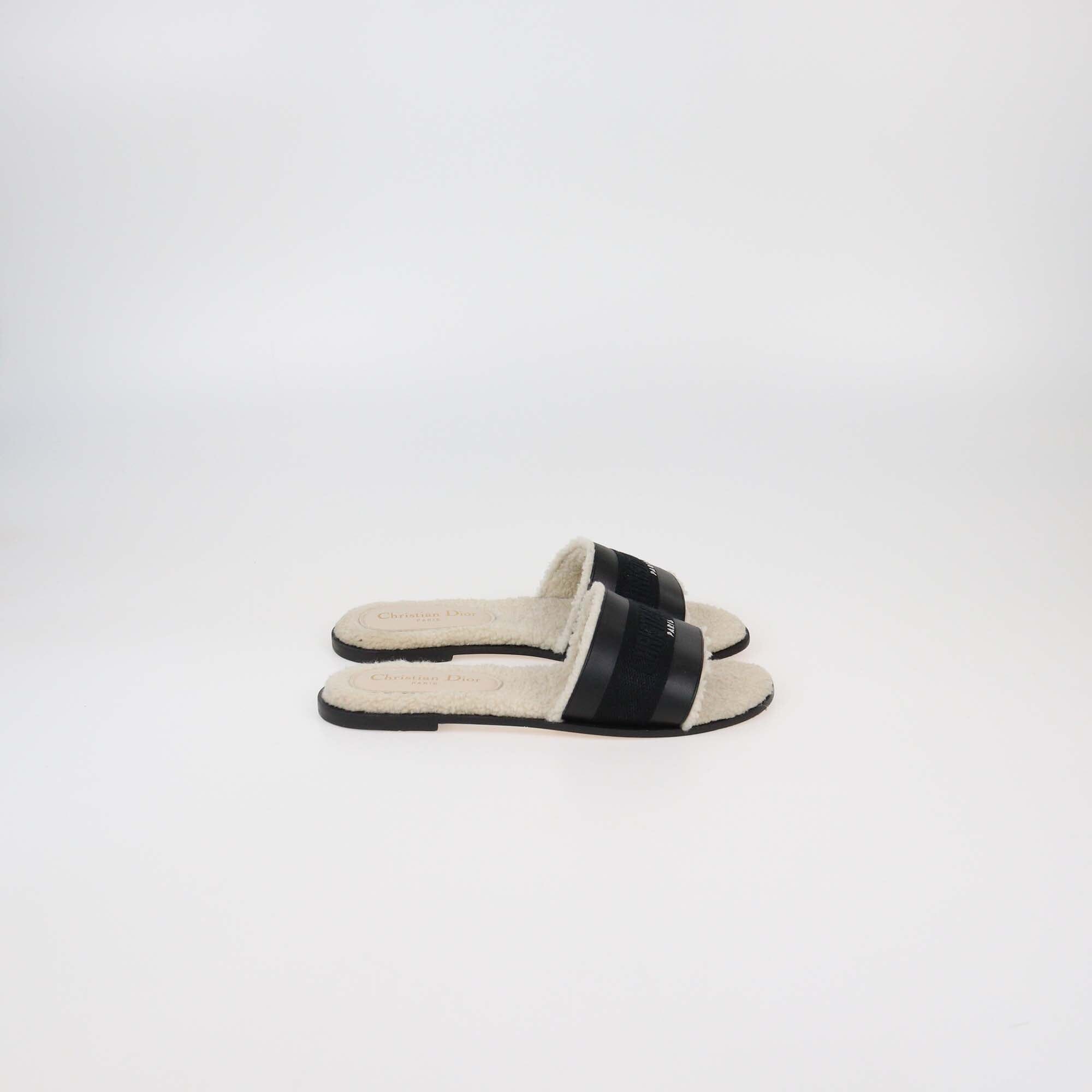 Christian Dior Black/Beige Shearling Embroidered Dway Slide Flat Slides Womens Christian Dior 