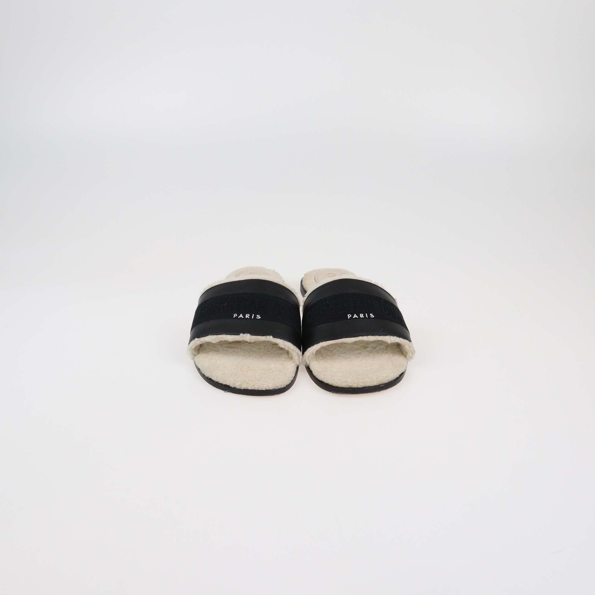 Christian Dior Black/Beige Shearling Embroidered Dway Slide Flat Slides Womens Christian Dior 