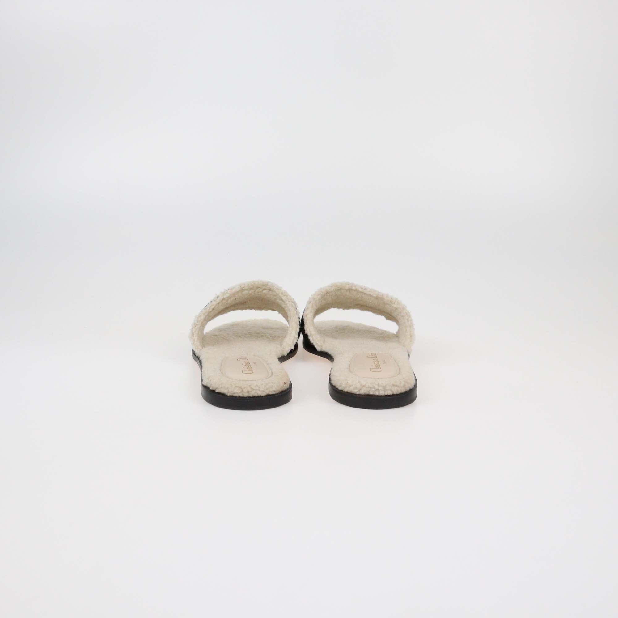 Christian Dior Black/Beige Shearling Embroidered Dway Slide Flat Slides Womens Christian Dior 