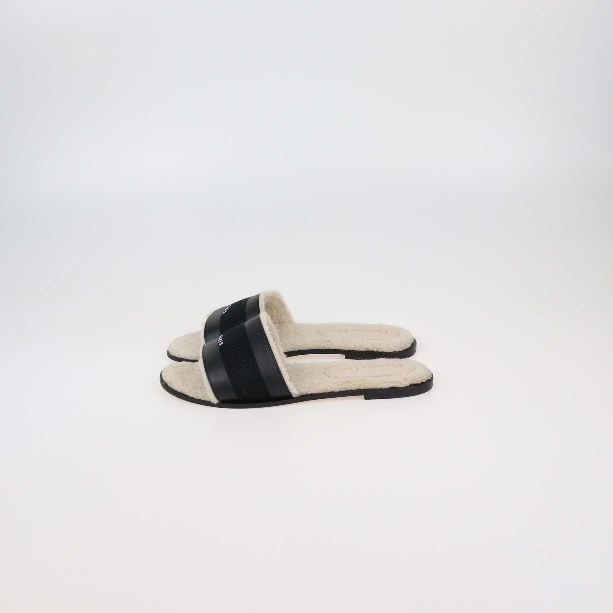 Christian Dior Black/Beige Shearling Embroidered Dway Slide Flat Slides Womens Christian Dior 