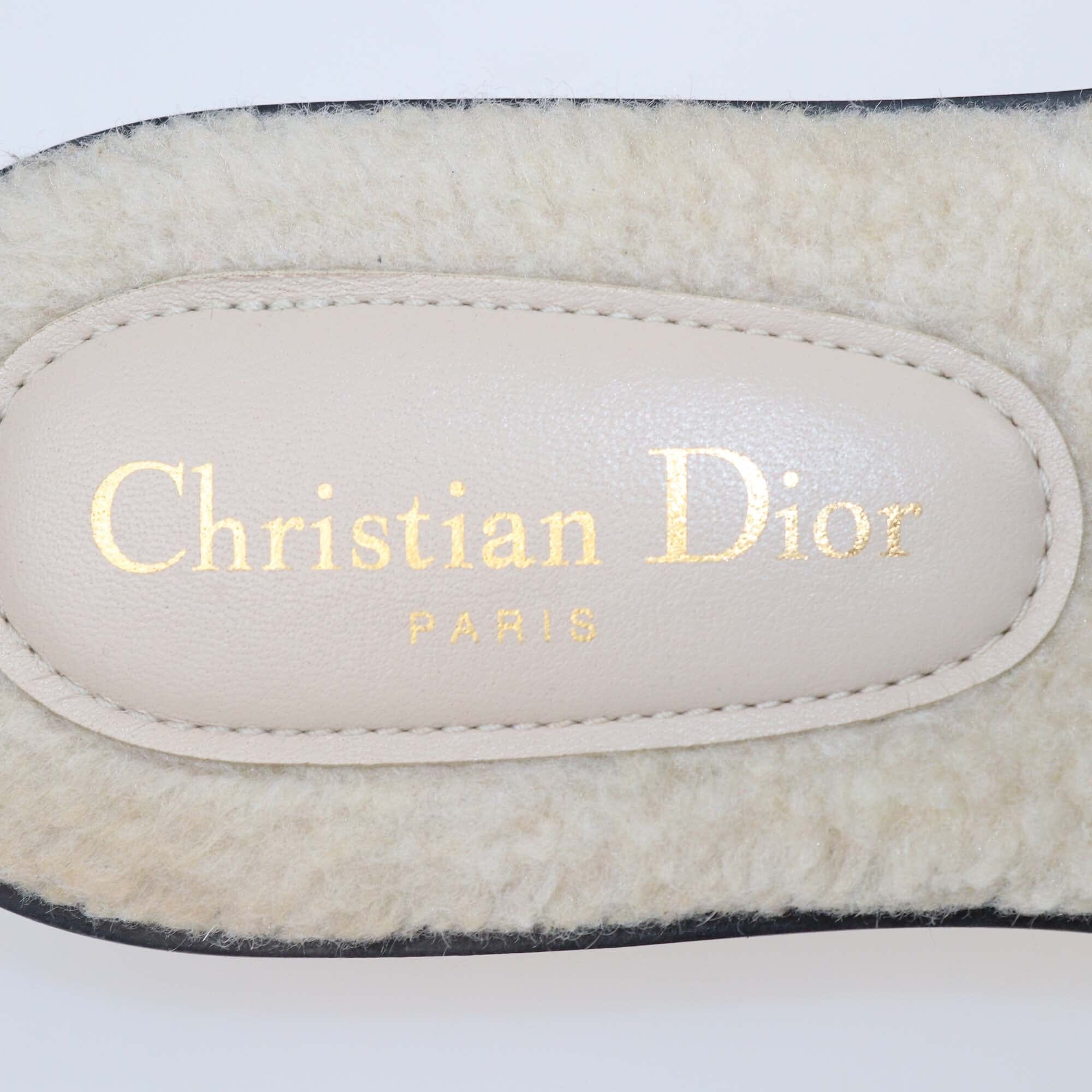 Christian Dior Black/Beige Shearling Embroidered Dway Slide Flat Slides Womens Christian Dior 
