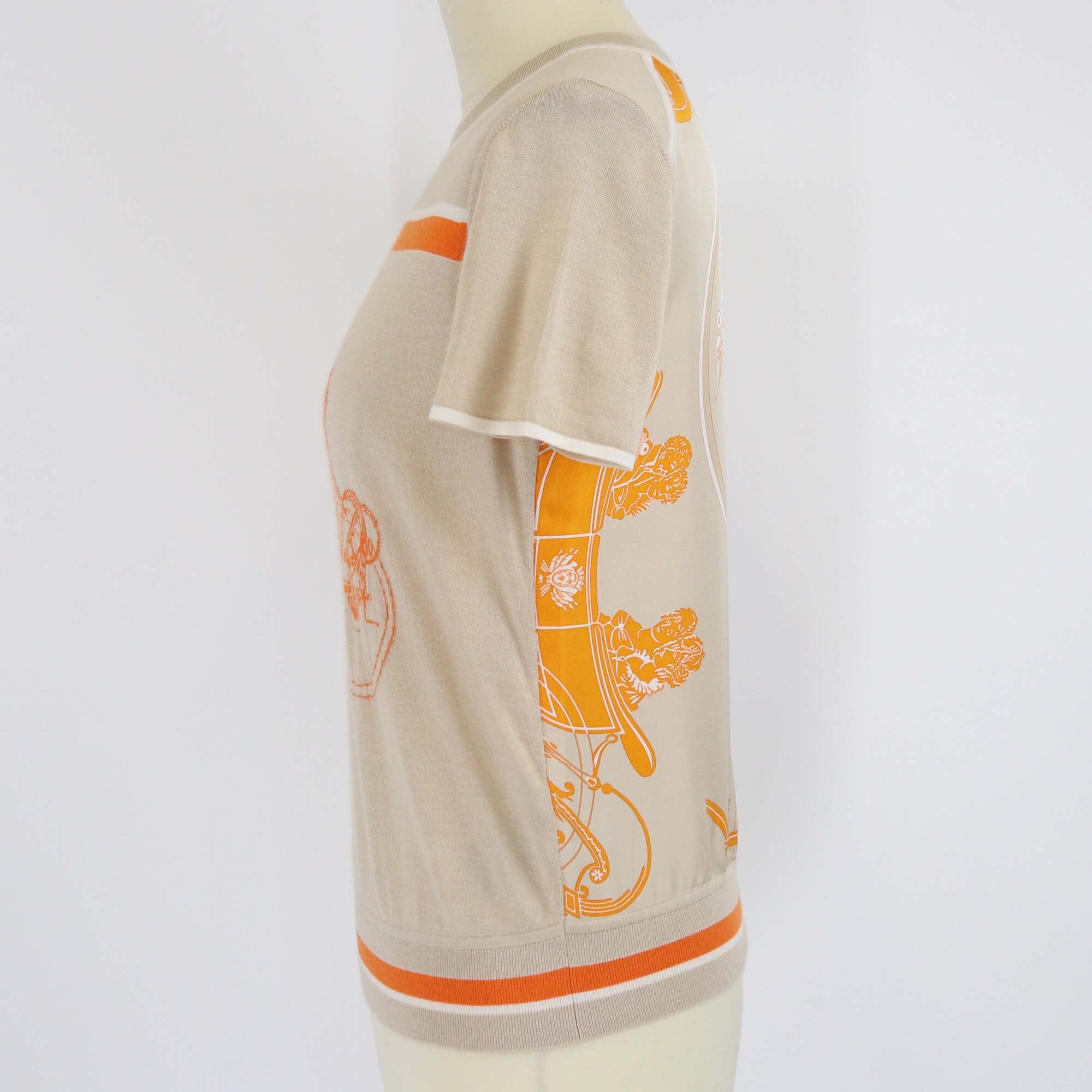 Hermes Beige/Orange Ex-Libris Print Short Sleeve Top Womens Hermes 