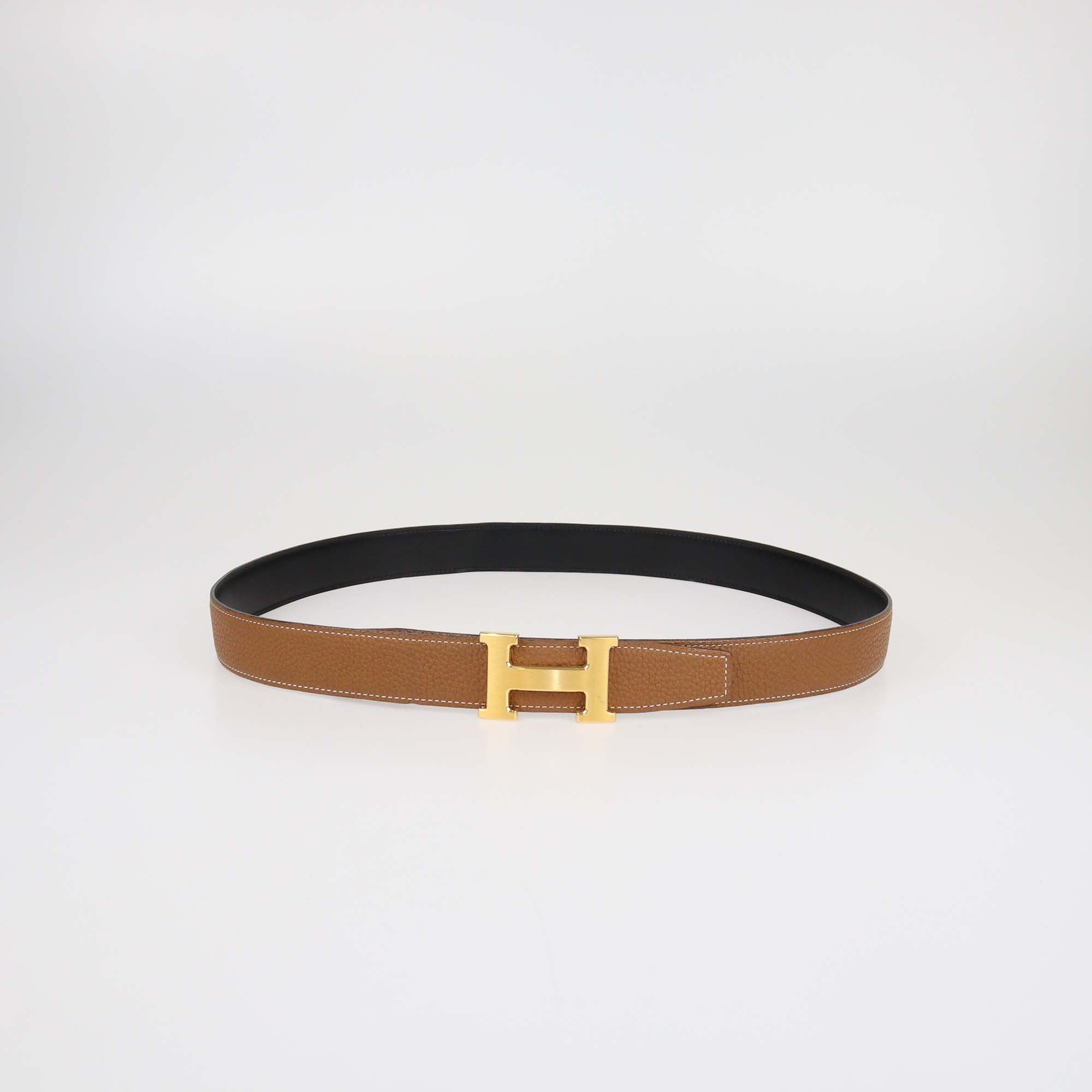 Hermes Gold/Black Clemence and Box Calf Leather Brushed H Buckle Reversible Belt