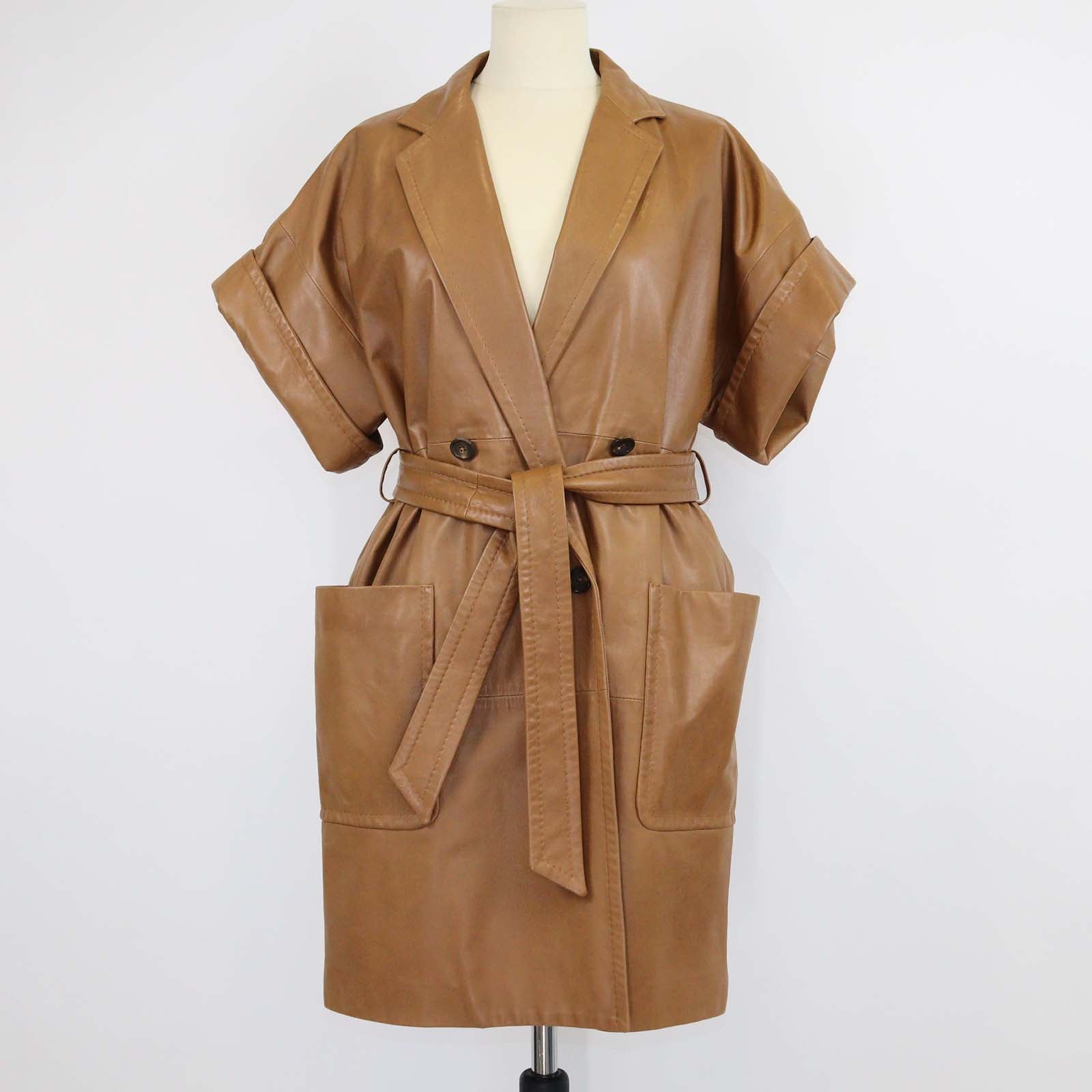 Max Mara Tobacco Leather Navata Short Sleeve Coat