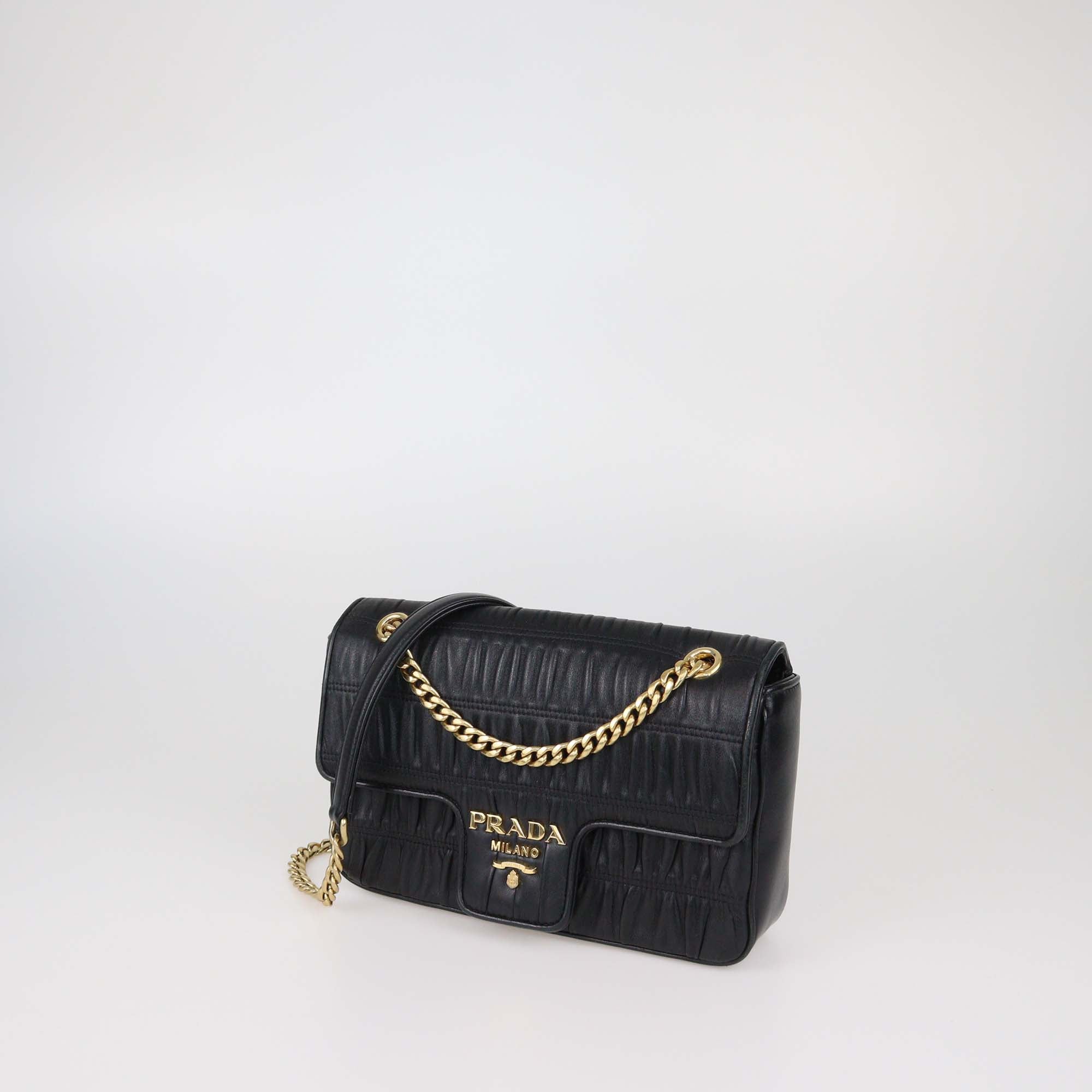Prada Black Gaufre Leather Flap Chain Shoulder Bag
