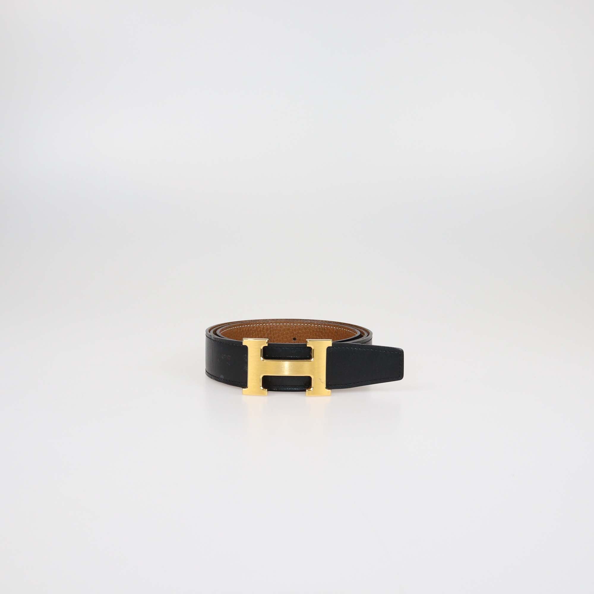 Hermes Gold/Black Clemence and Box Calf Leather Brushed H Buckle Reversible Belt