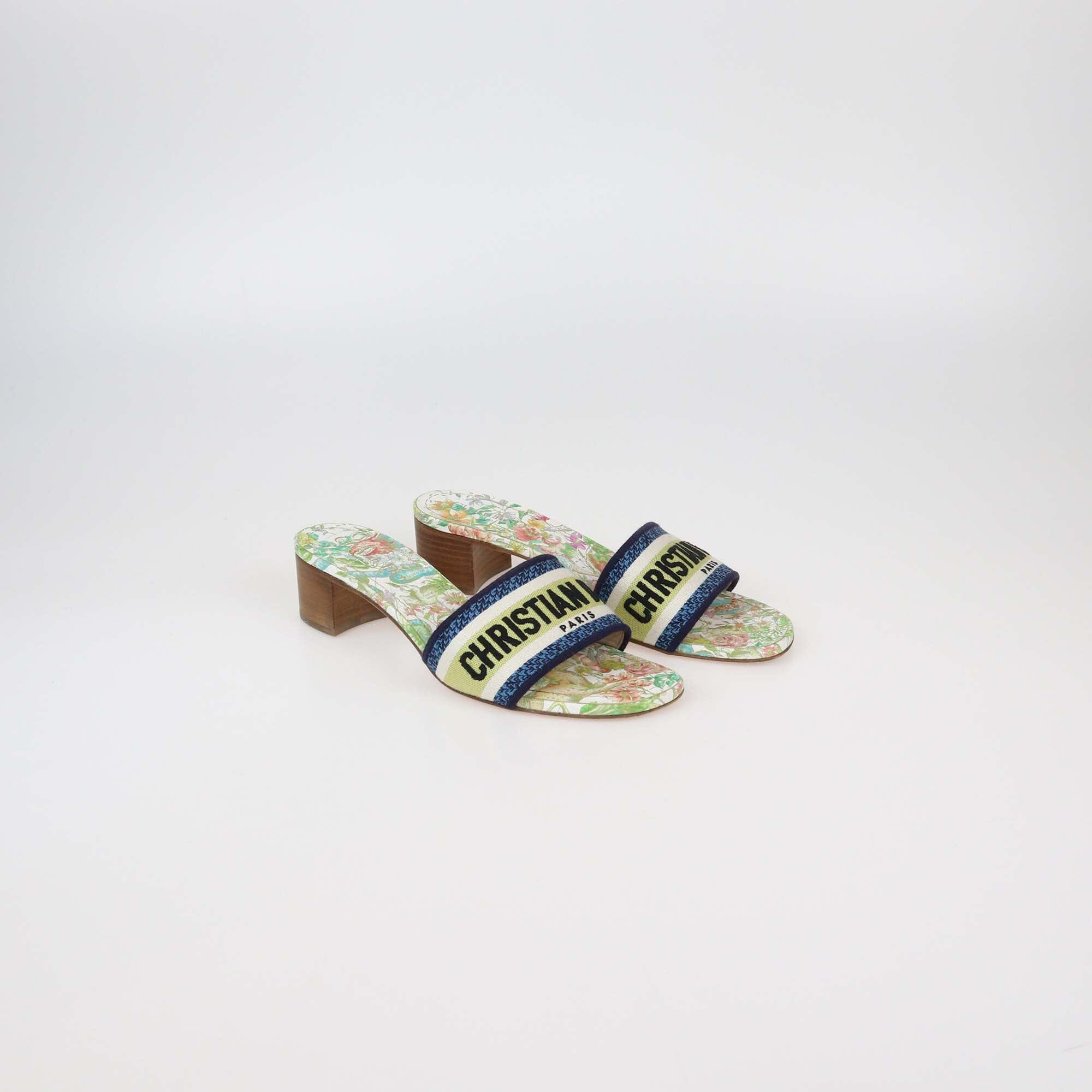 Christian Dior Multicolor Embroidered Canvas Lucky Dway Heeled Slide Sandals Womens Christian Dior 