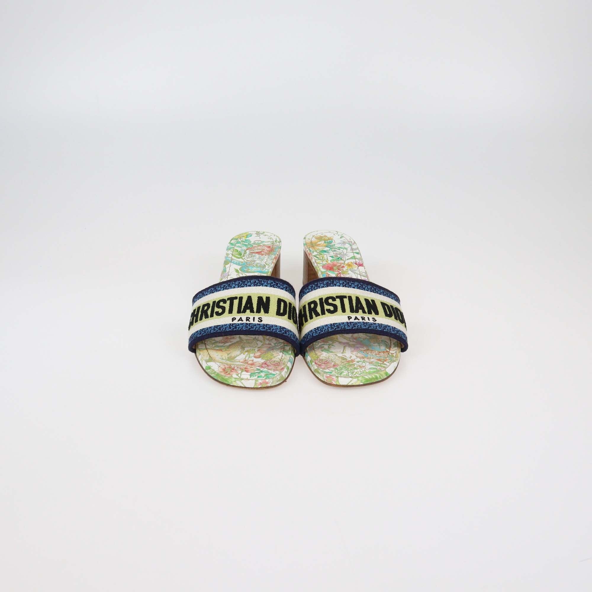 Christian Dior Multicolor Embroidered Canvas Lucky Dway Heeled Slide Sandals Womens Christian Dior 