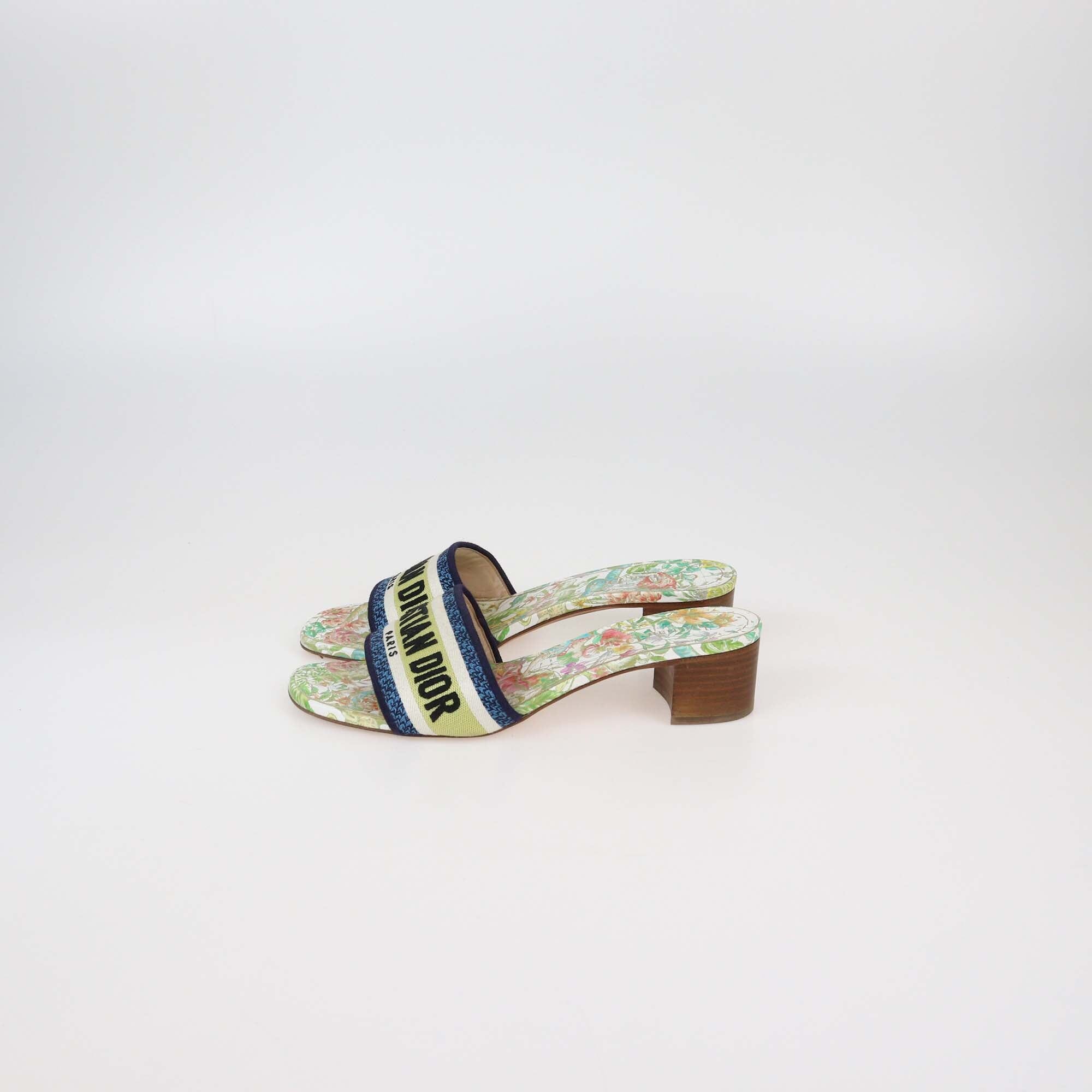 Christian Dior Multicolor Embroidered Canvas Lucky Dway Heeled Slide Sandals Womens Christian Dior 