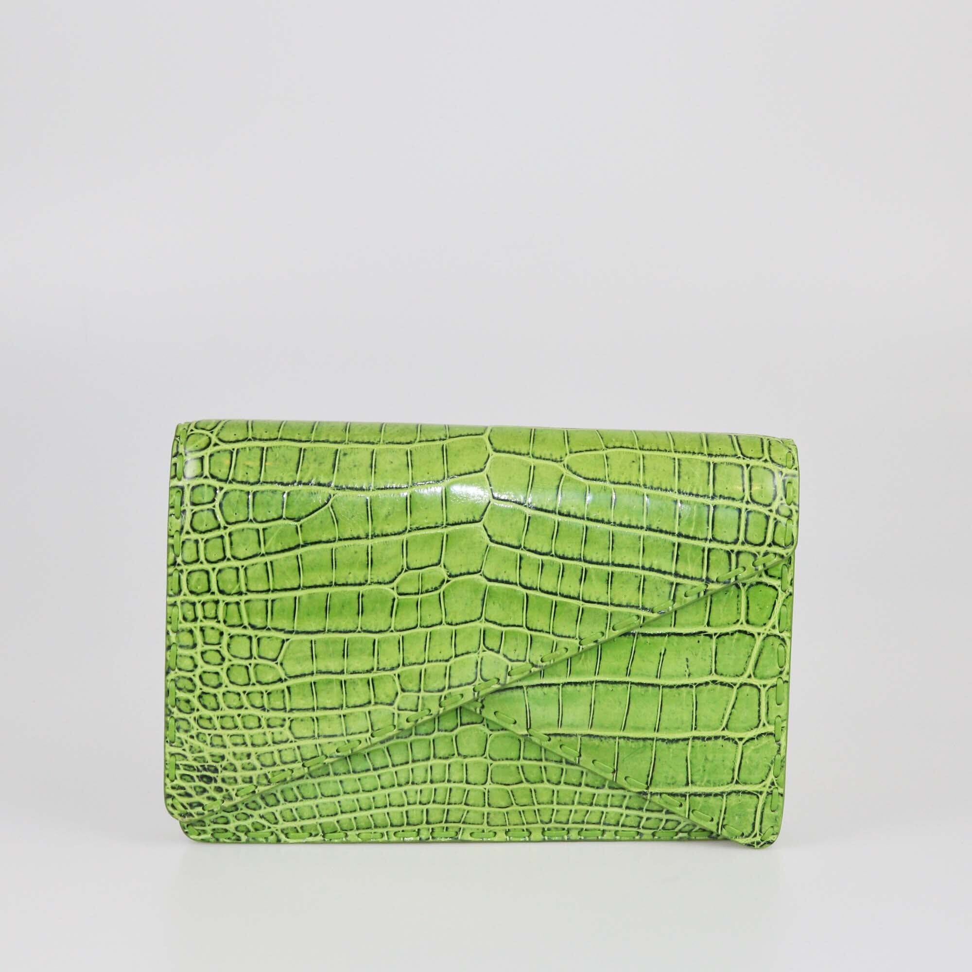 Bottega Veneta Green Shine Crocodile Crisscross Clutch Womens Bottega Veneta 