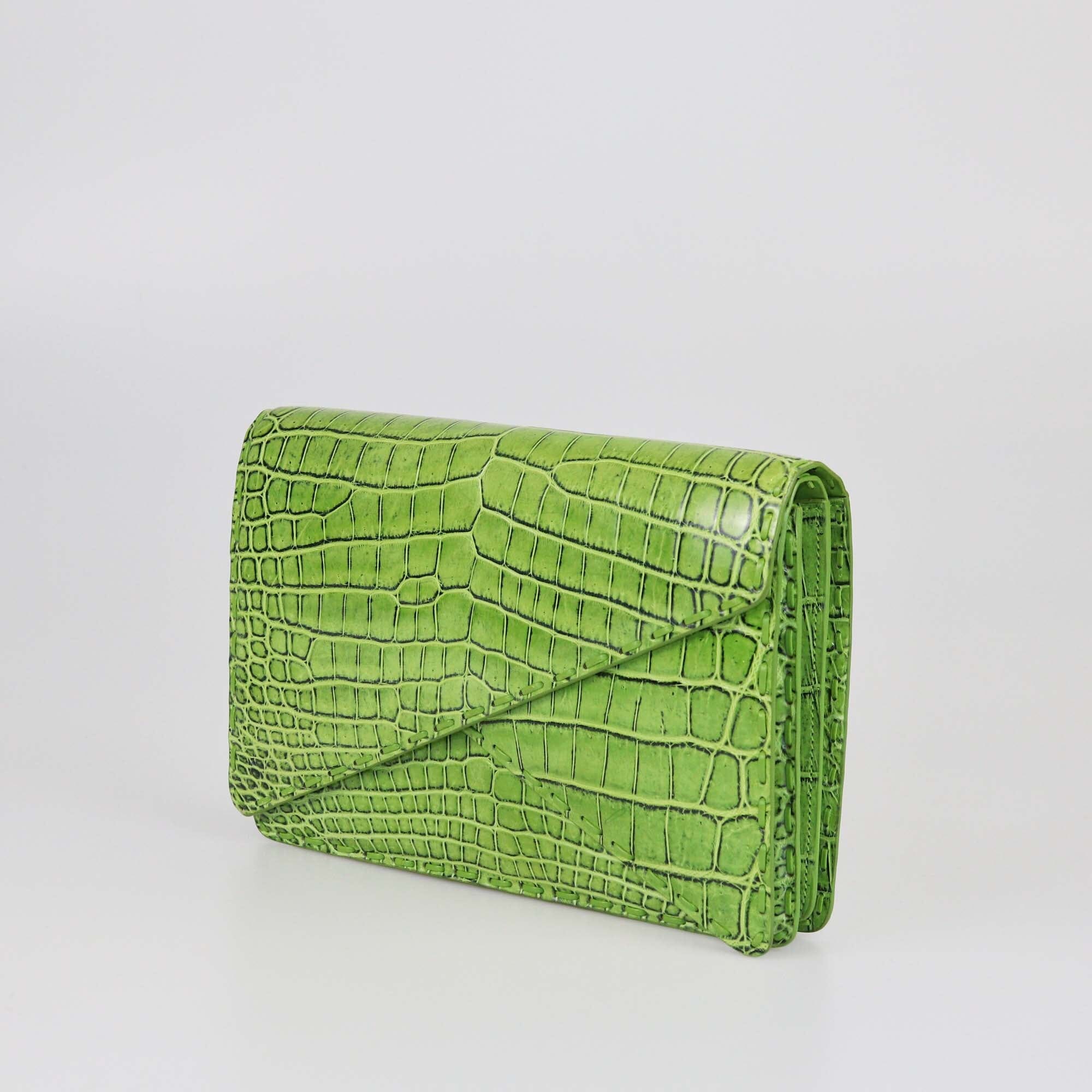 Bottega Veneta Green Shine Crocodile Crisscross Clutch Womens Bottega Veneta 