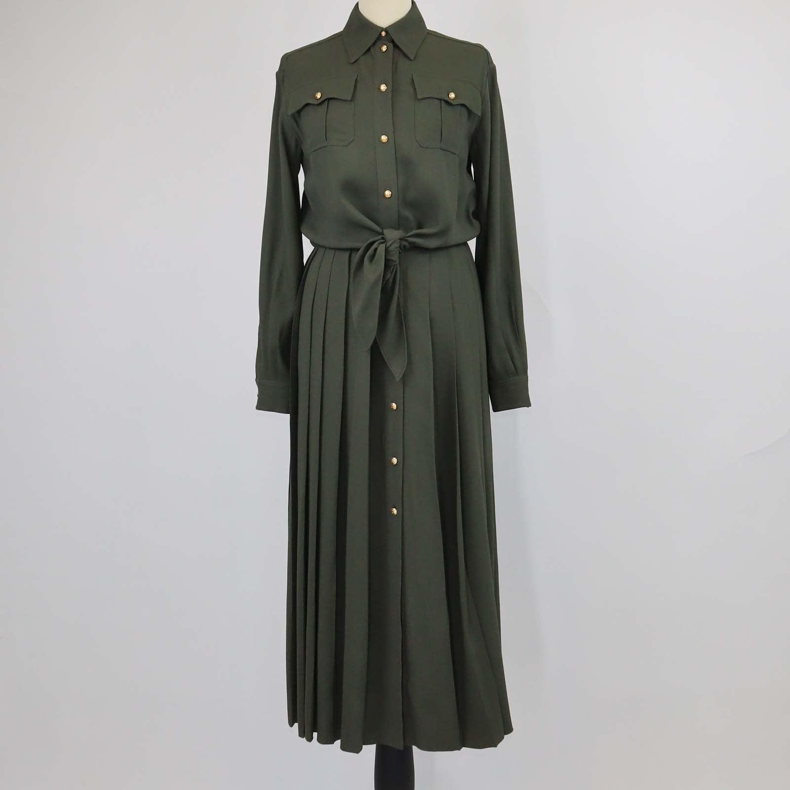 Celine Olive Viscose Blend Long Sleeves Pleated Long Shirt Dress