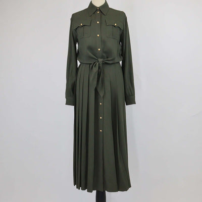 Celine Olive Viscose Blend Long Sleeves Pleated Long Shirt Dress
