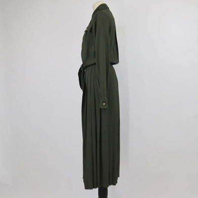 Celine Olive Viscose Blend Long Sleeves Pleated Long Shirt Dress