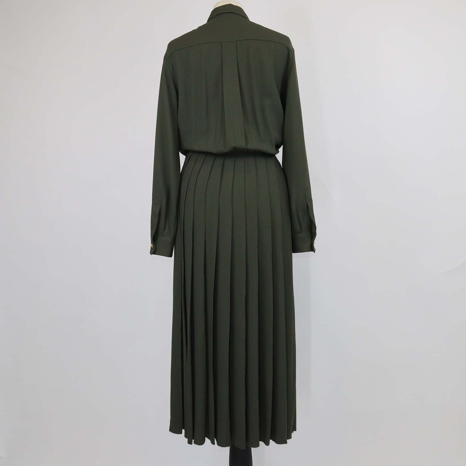 Celine Olive Viscose Blend Long Sleeves Pleated Long Shirt Dress