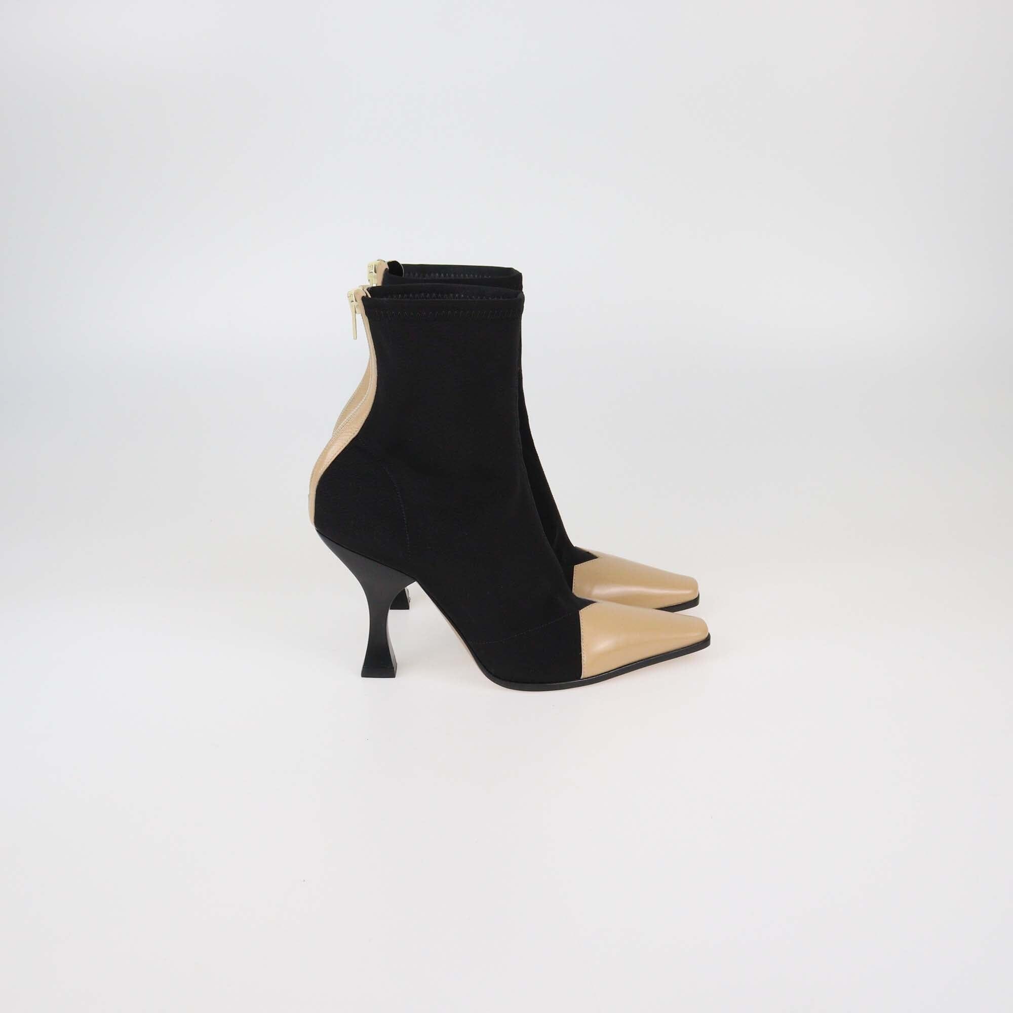 Celine Black/Beige Nylon & Leather Madame Ankle Boots Womens Celine 