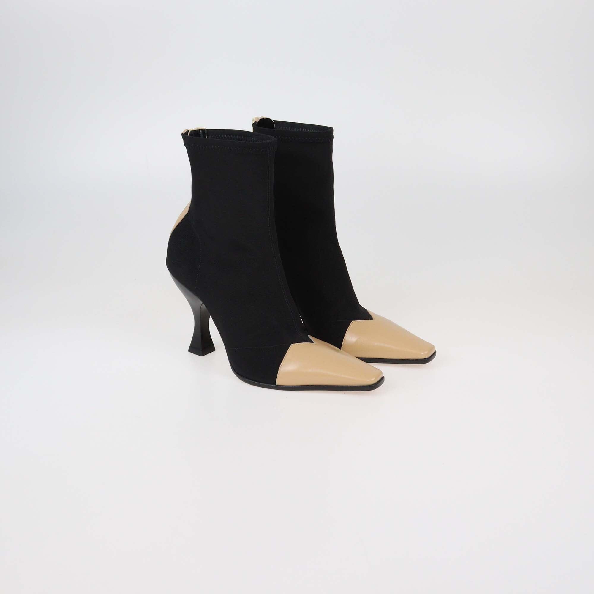 Celine Black/Beige Nylon & Leather Madame Ankle Boots Womens Celine 