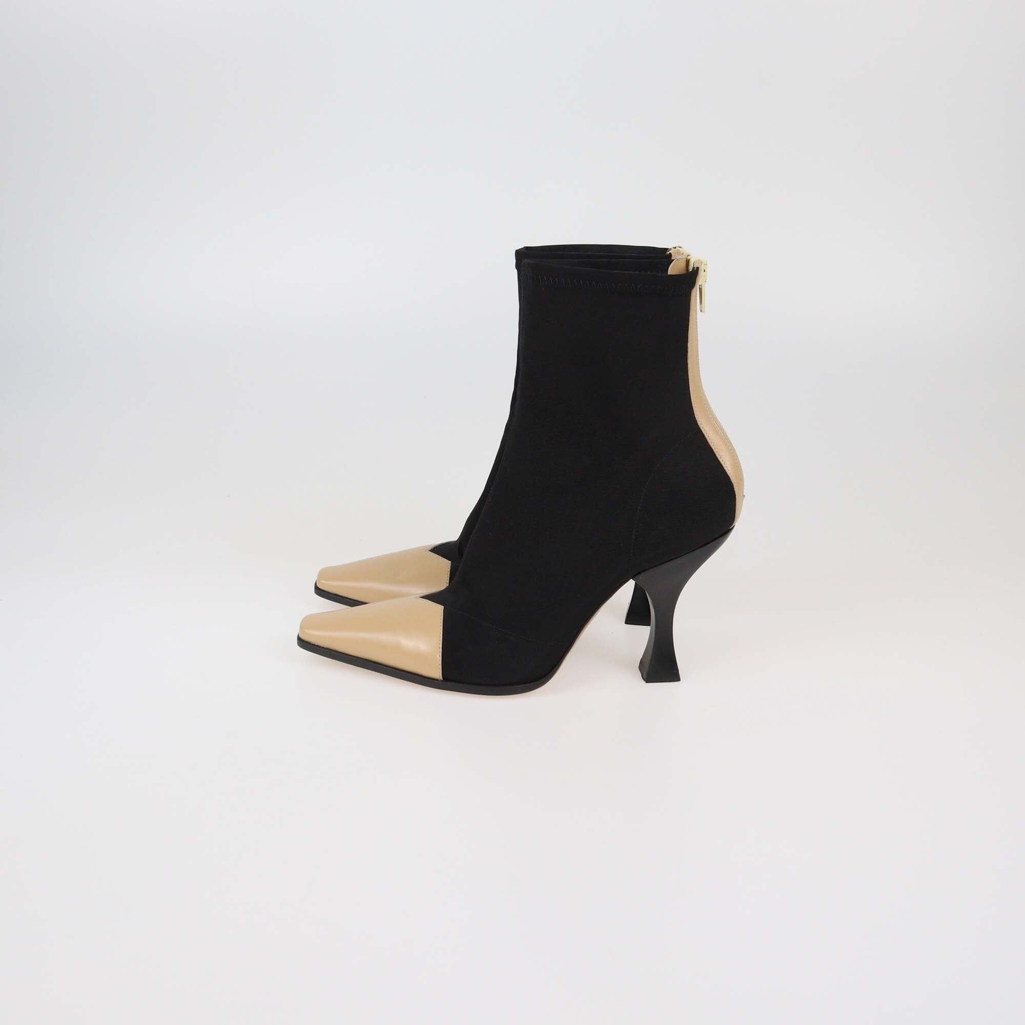 Celine Black/Beige Nylon & Leather Madame Ankle Boots Womens Celine 