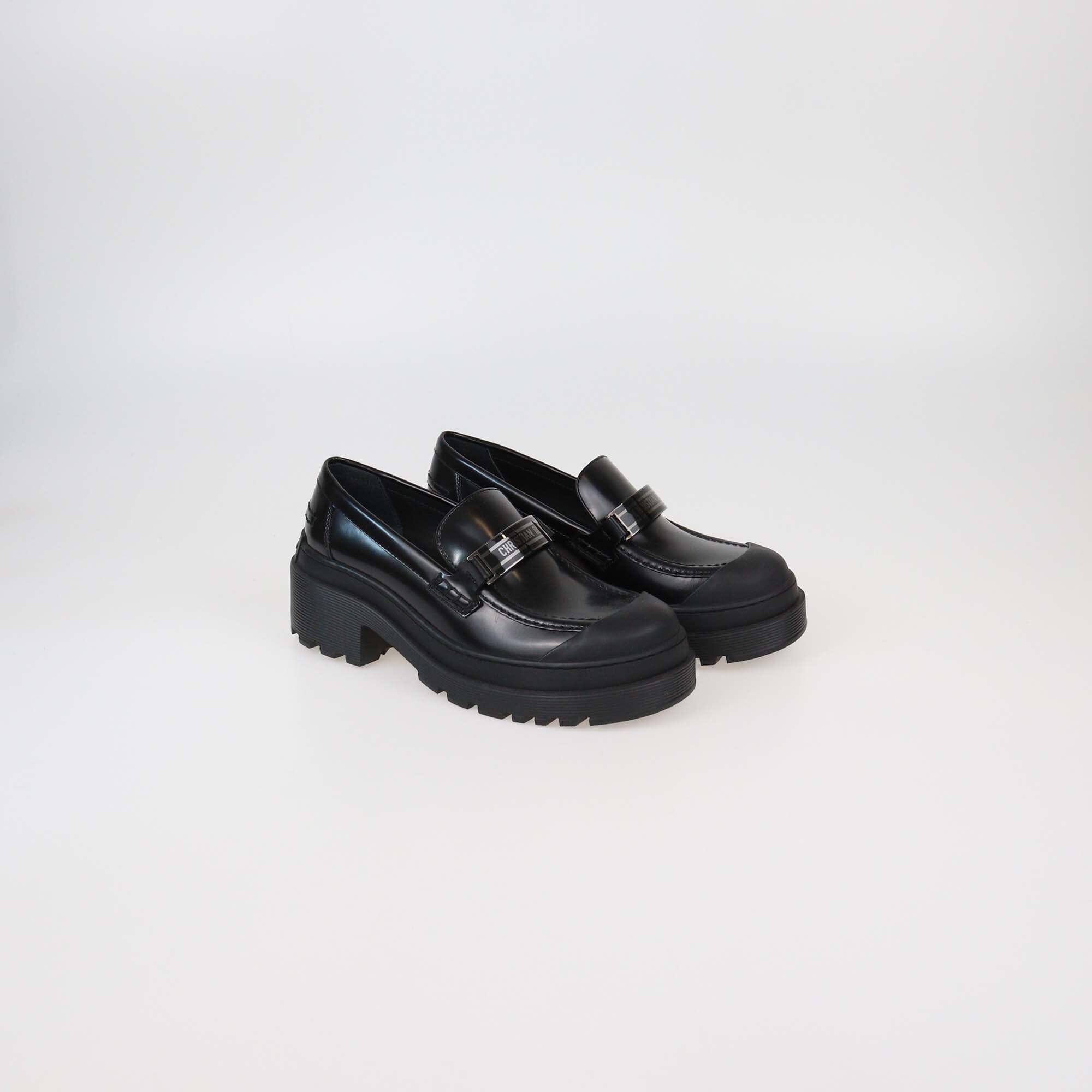 Christian Dior Black Leather Logo Plaque Platform Loafers Womens Christian Dior 
