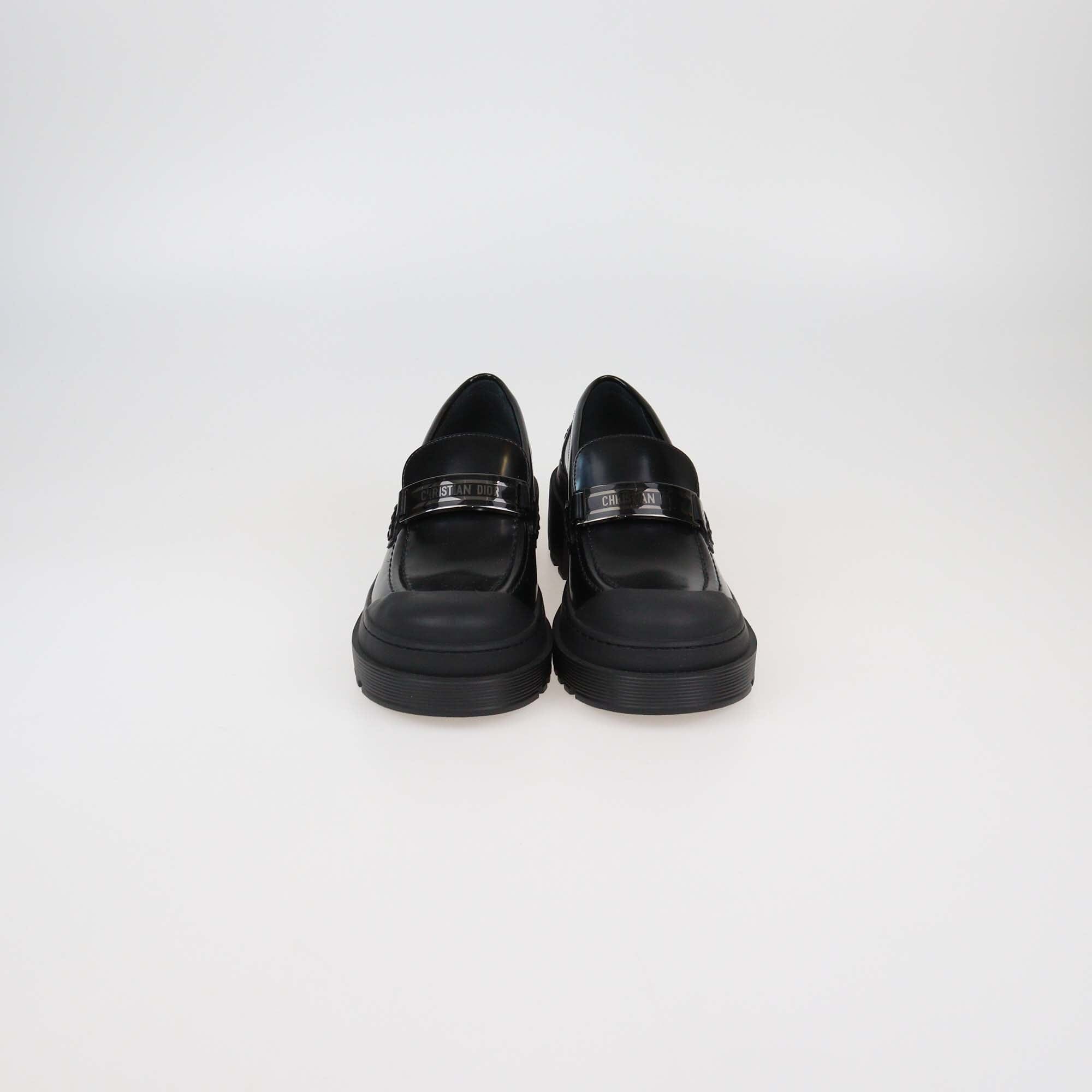 Christian Dior Black Leather Logo Plaque Platform Loafers Womens Christian Dior 