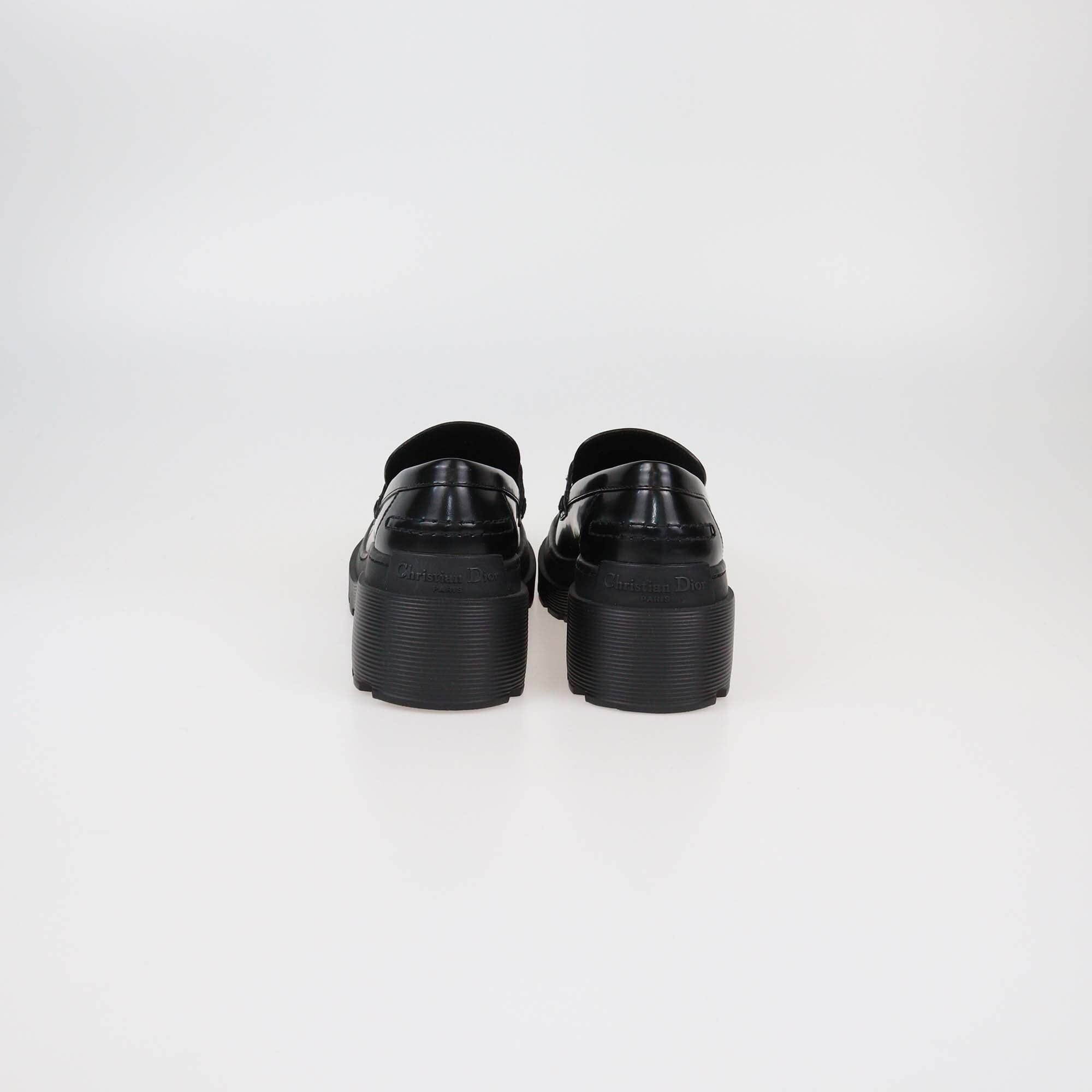 Christian Dior Black Leather Logo Plaque Platform Loafers Womens Christian Dior 
