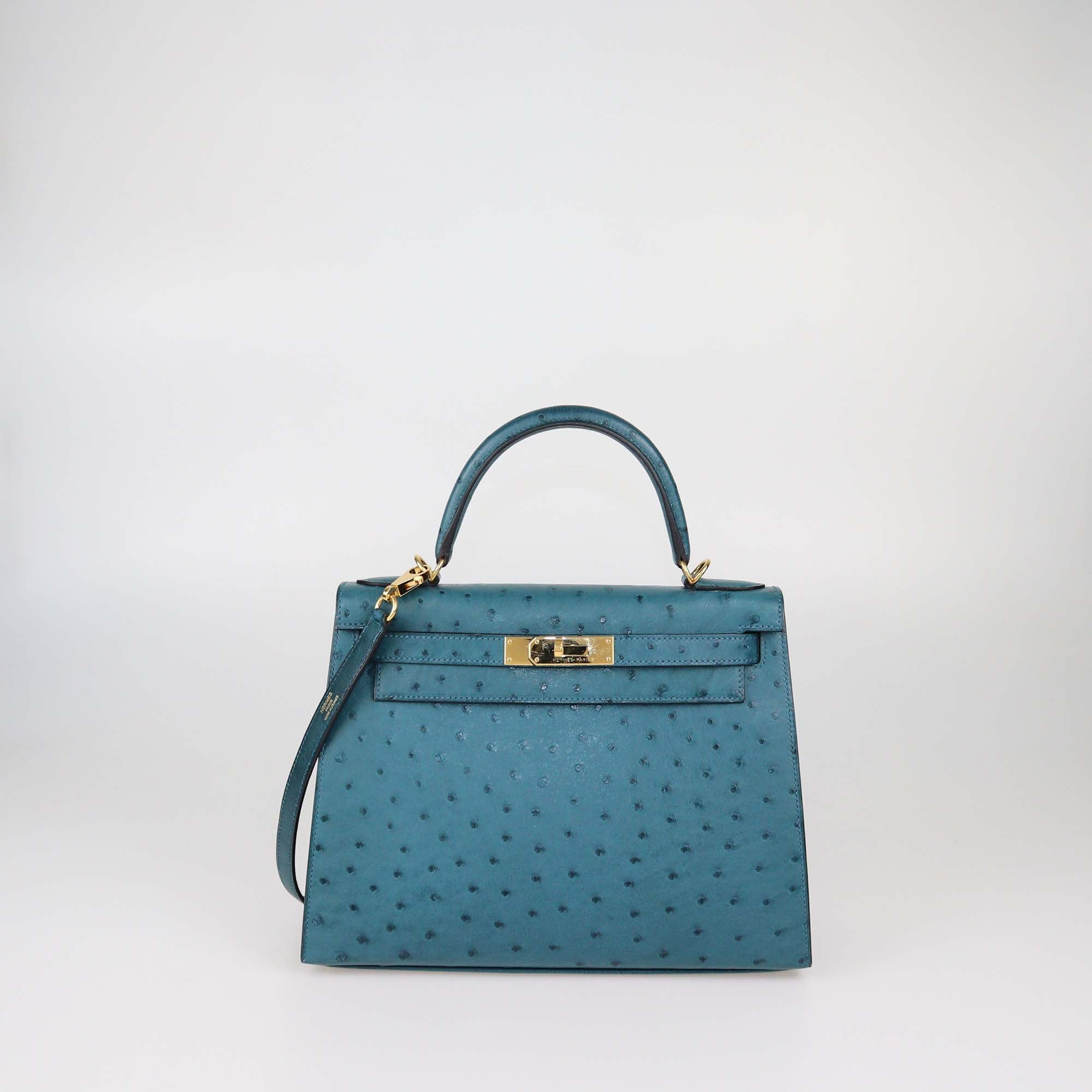 Hermes Bleu Roi Ostrich Gold Hardware Kelly Sellier 28 Bag