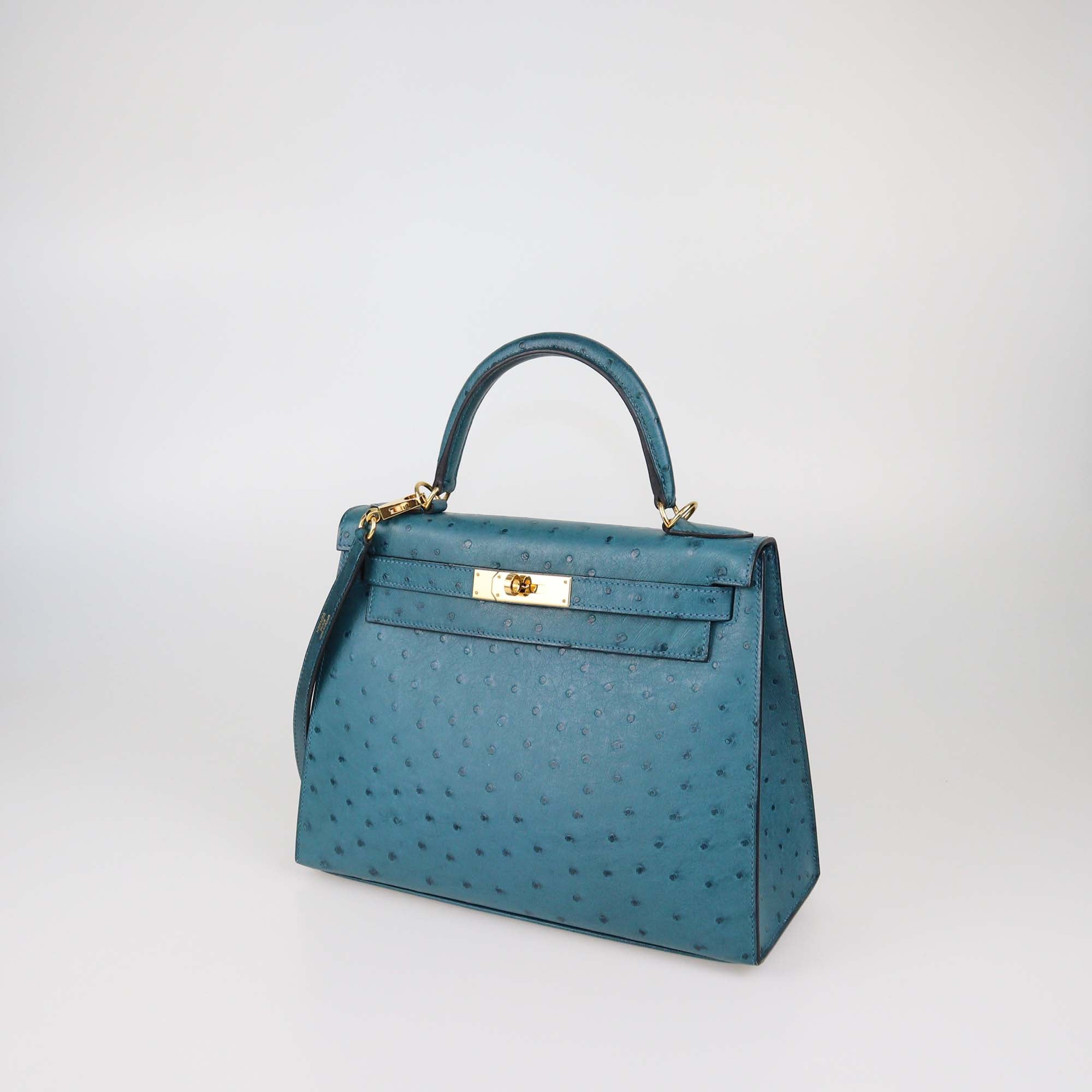 Hermes Bleu Roi Ostrich Gold Hardware Kelly Sellier 28 Bag
